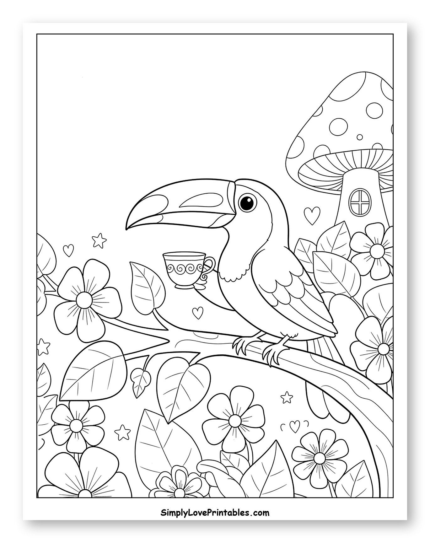 Toucan with Teacup Amidst Flowers and Mushroom Coloring Page for Adults