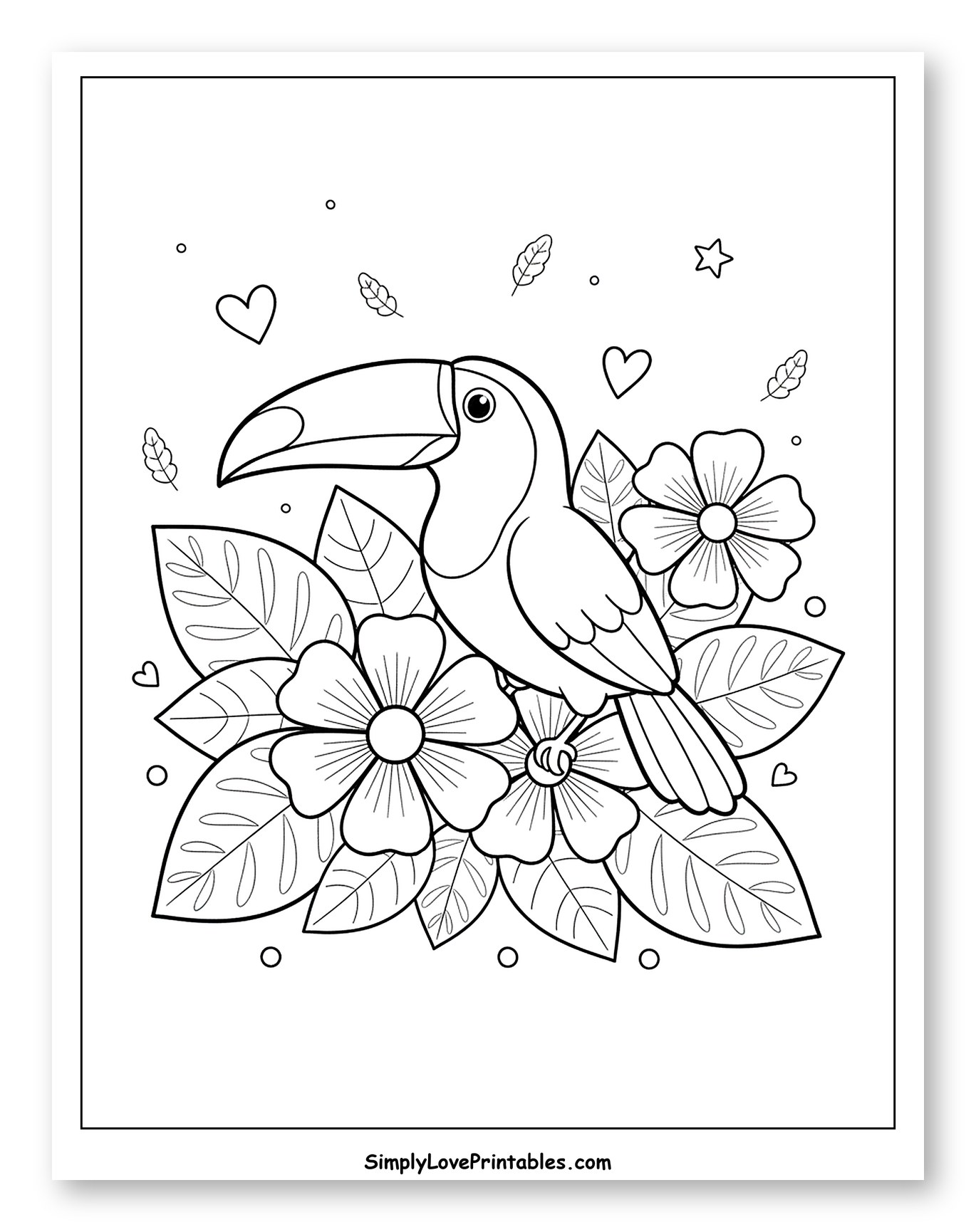 Toucan with Tropical Flowers and Leaves Coloring Sheet for Adults