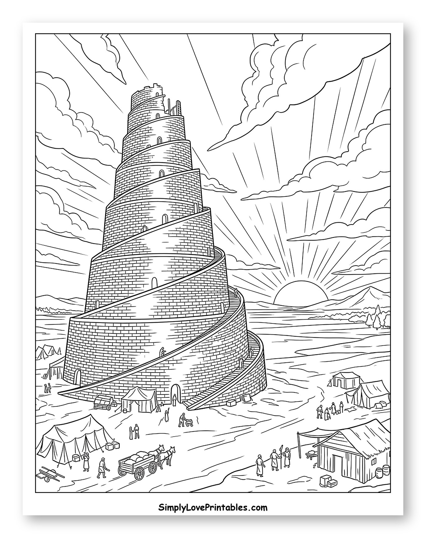 Tower of Babel Construction at Sunrise to Color