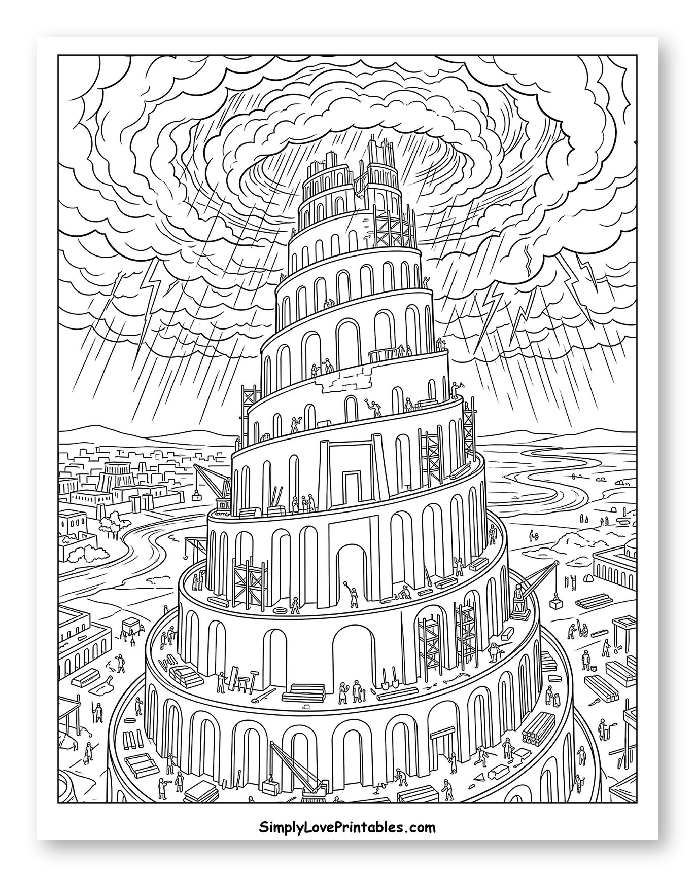 Tower of Babel Under Stormy Skies Coloring Page