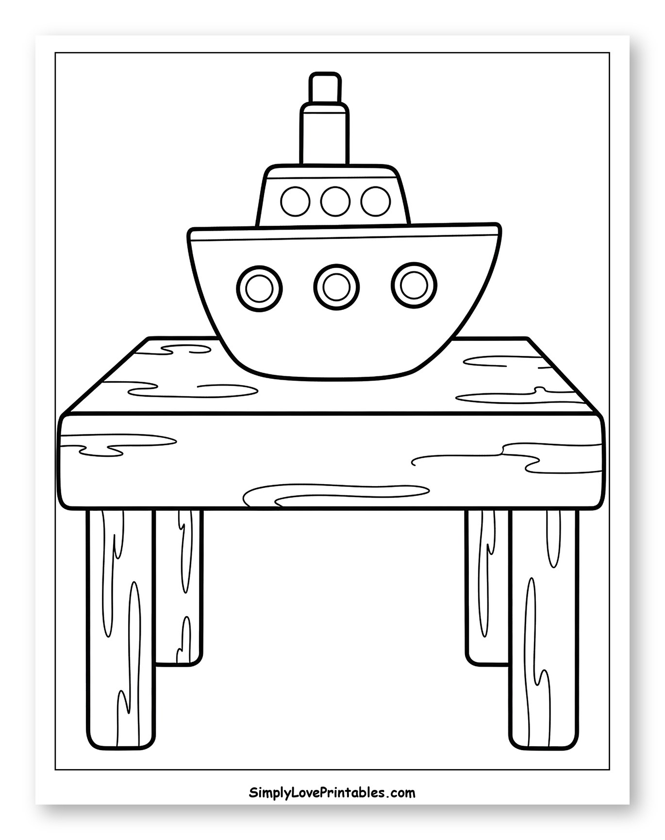 Toy Boat on a Wooden Table Coloring Sheet for Toddlers