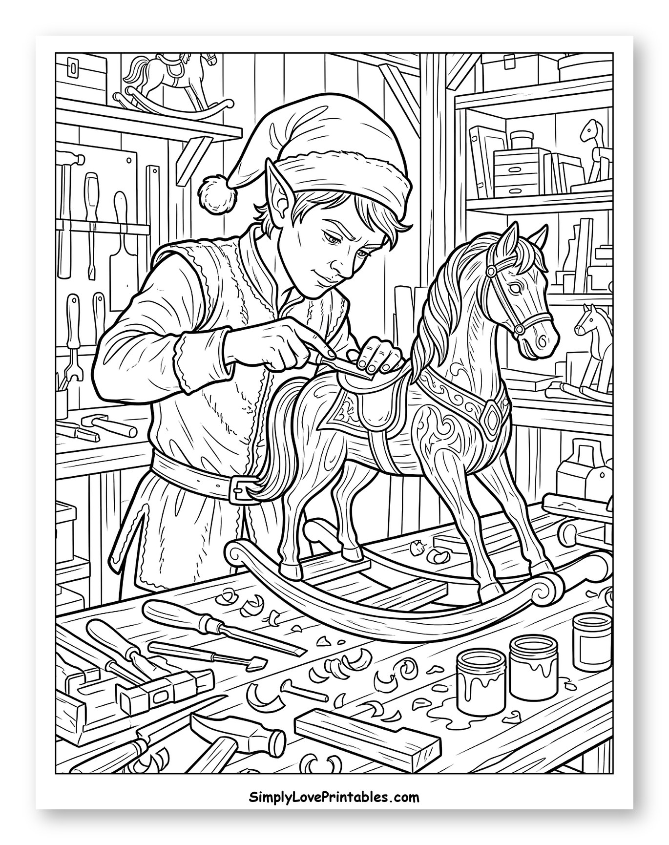 Toymaker Elf Carving a Rocking Horse