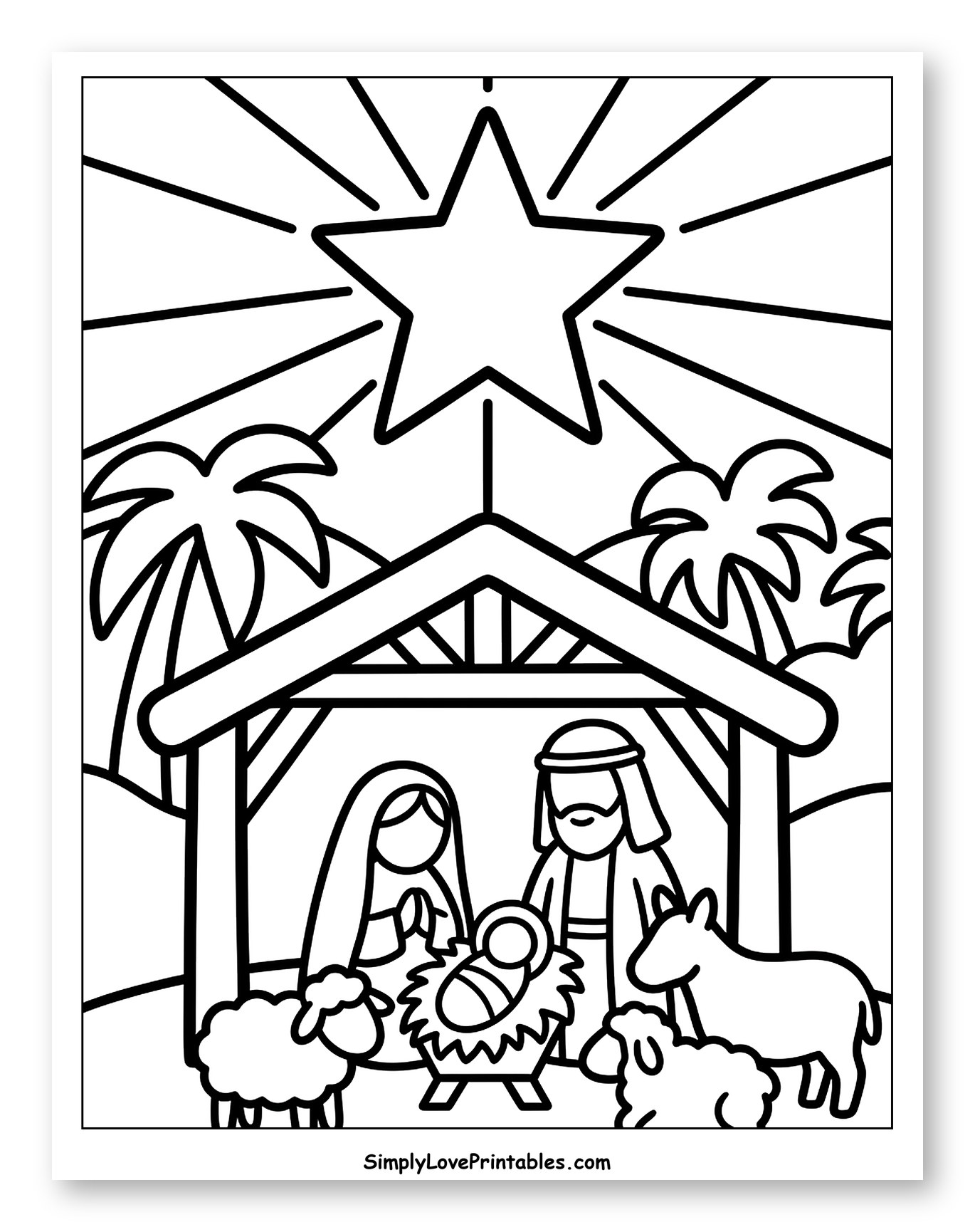 Traditional Nativity Scene with Star and Animals to Color for Toddlers