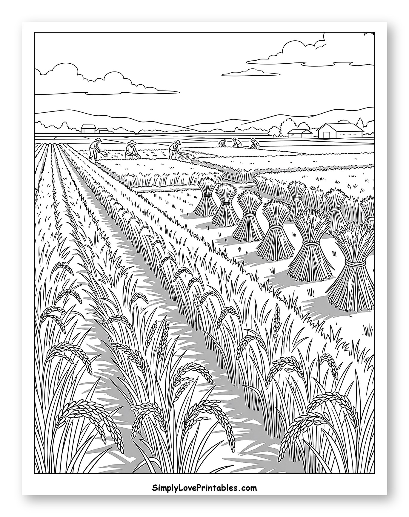 Traditional Rice Harvest with Farmers and Bundles to Color