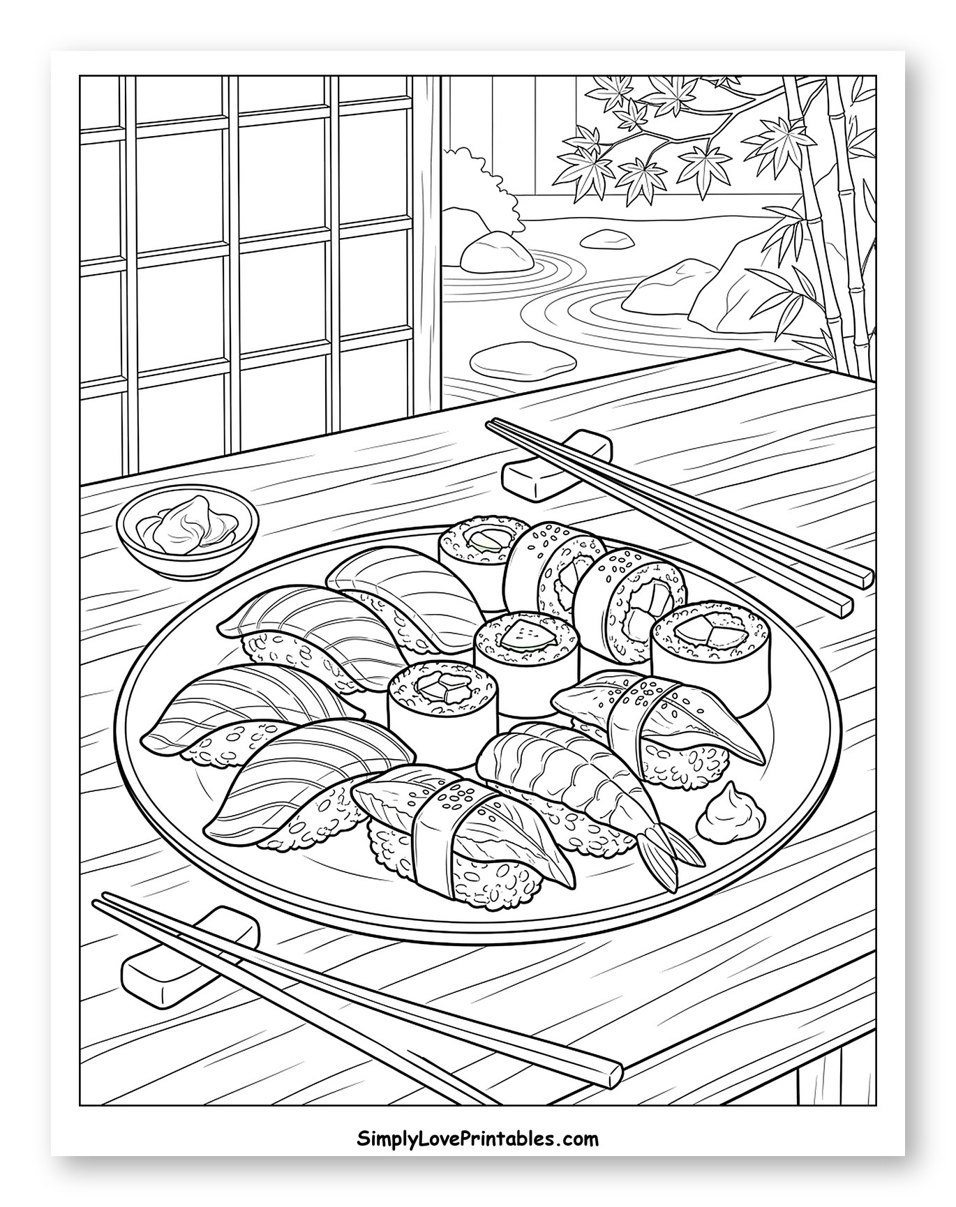 Traditional Sushi Dinner with Serene Garden View Coloring Sheet
