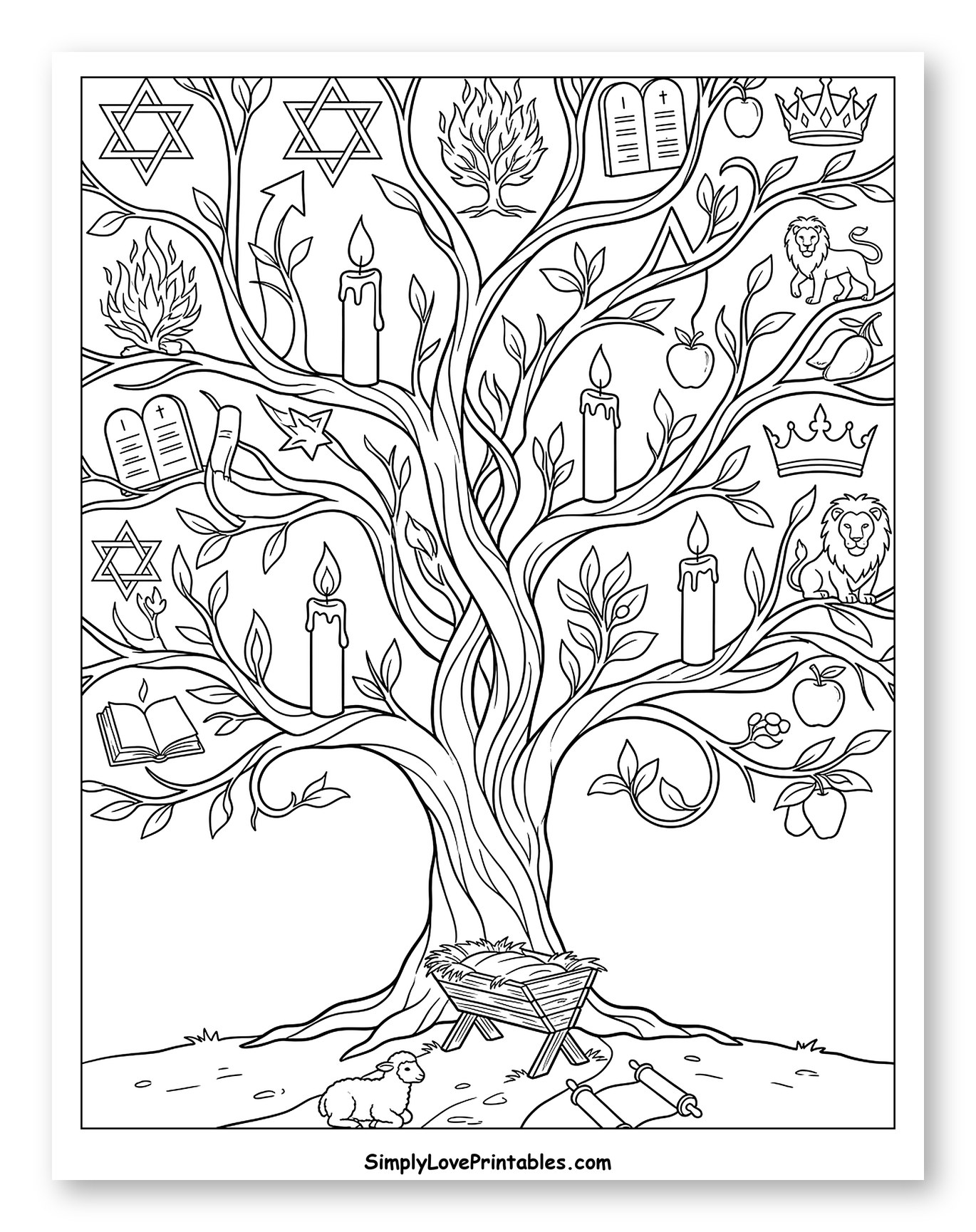 Tree of Biblical Symbols with Nativity Scene Coloring Page