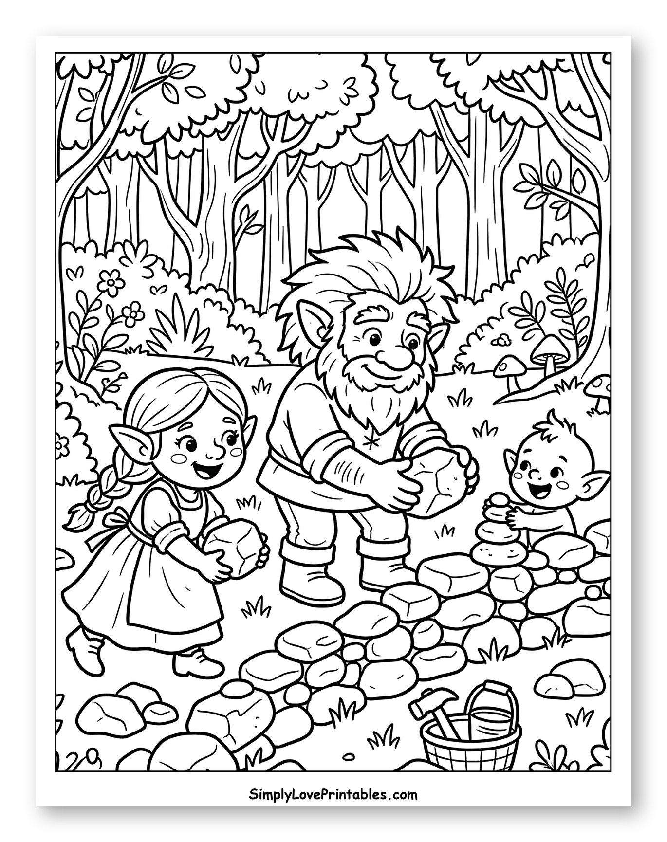 Troll Family Building a Stone Wall Coloring Page for Kids