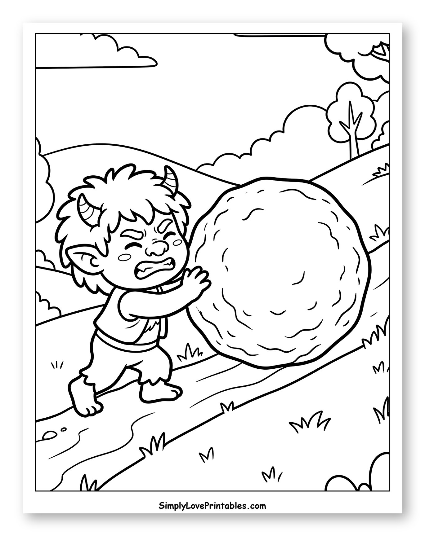 Troll Pushing a Boulder Up a Hill Coloring Sheet for Kids