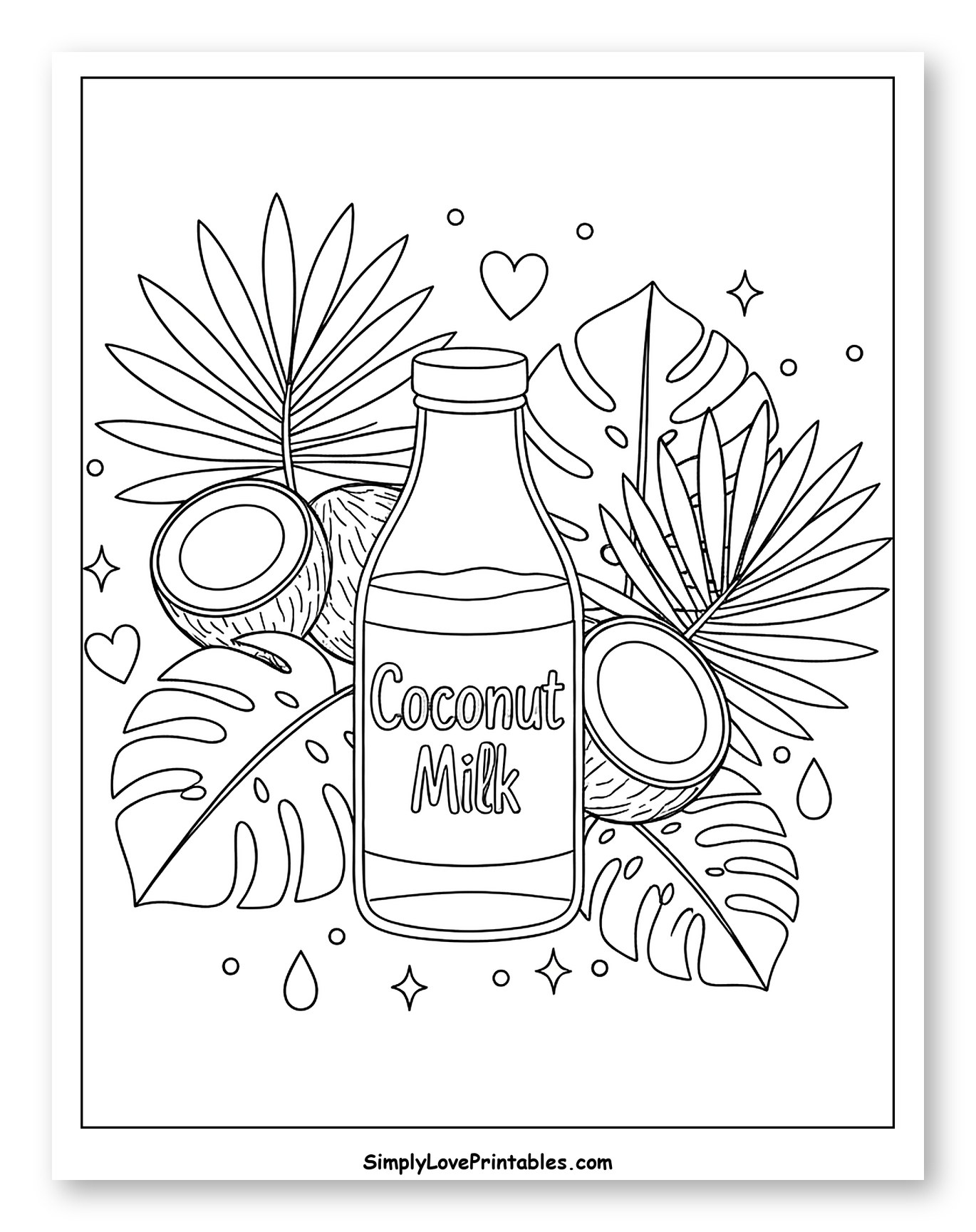Tropical Coconut Milk Bottle and Leaves Coloring Sheet for Adults