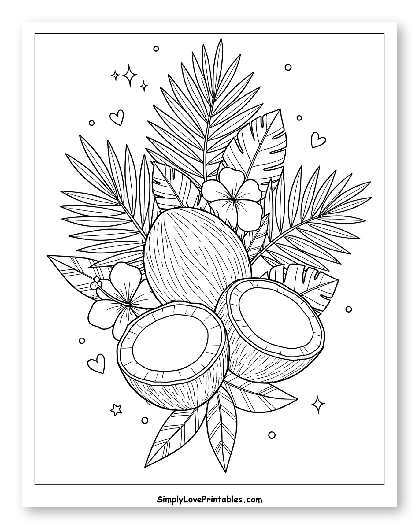 Tropical Coconuts and Exotic Flowers with Leaves