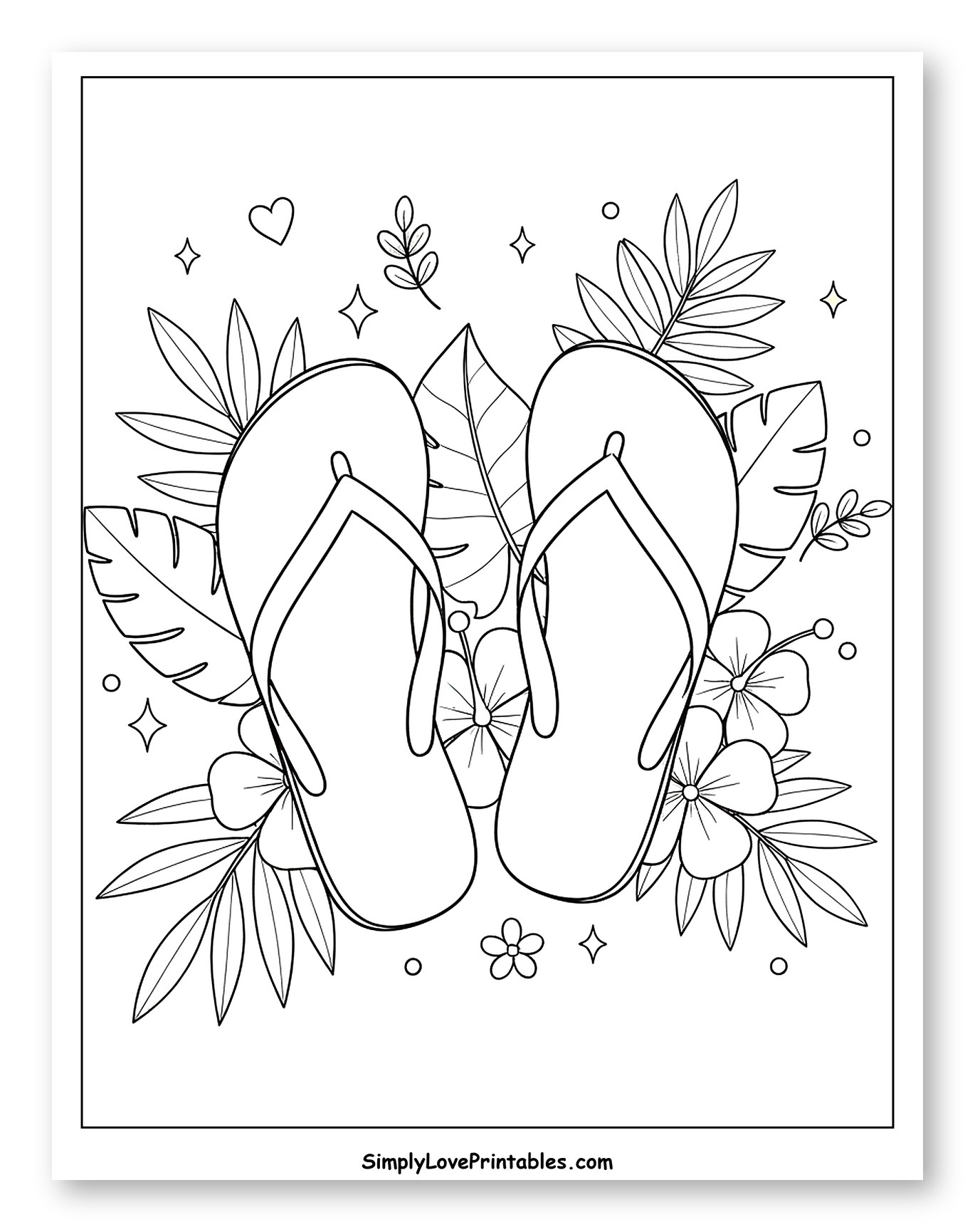 Tropical Flip Flops with Leaves and Blooms Coloring Page for Adults