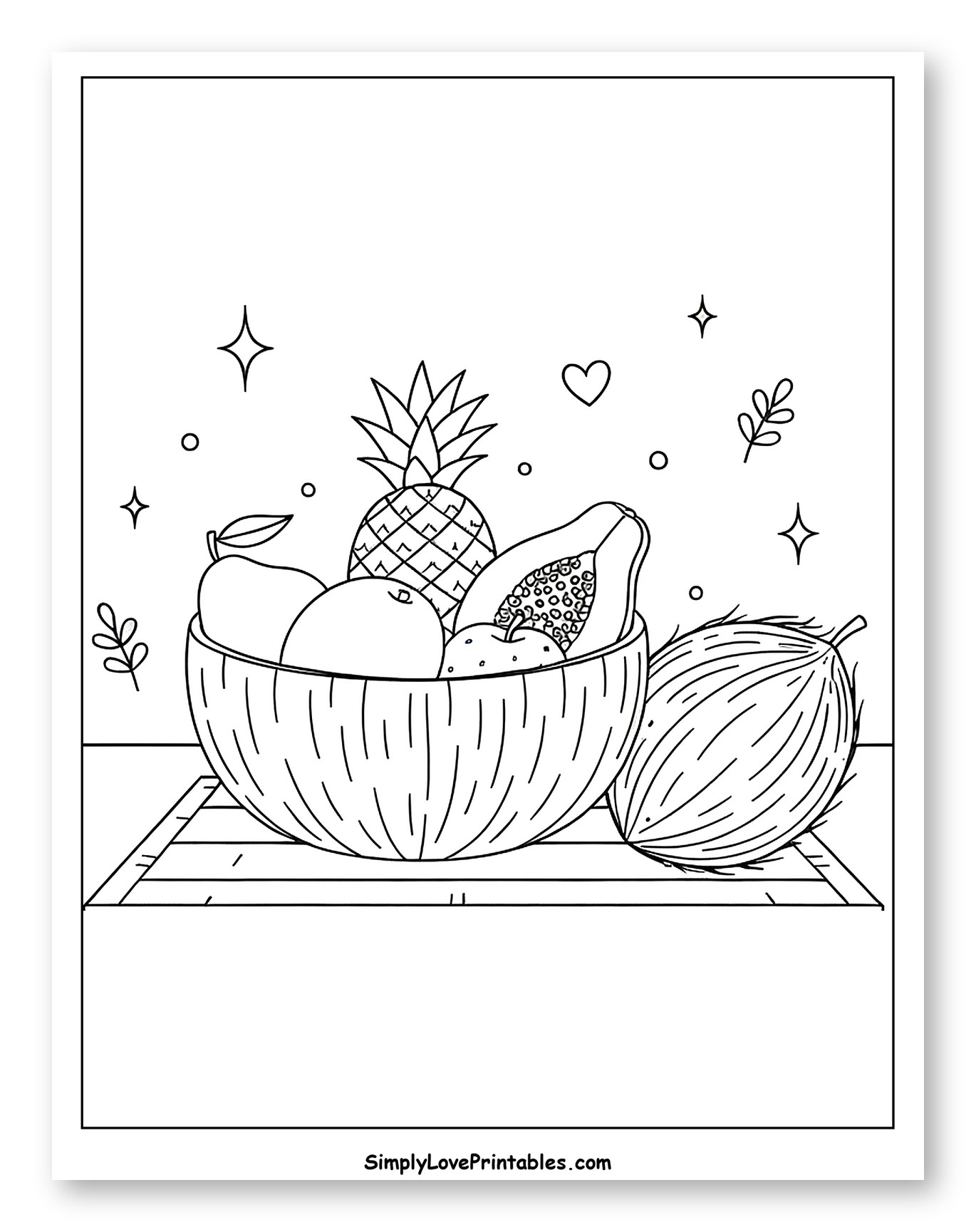 Tropical Fruit Bowl with a Whole Coconut to Color for Adults