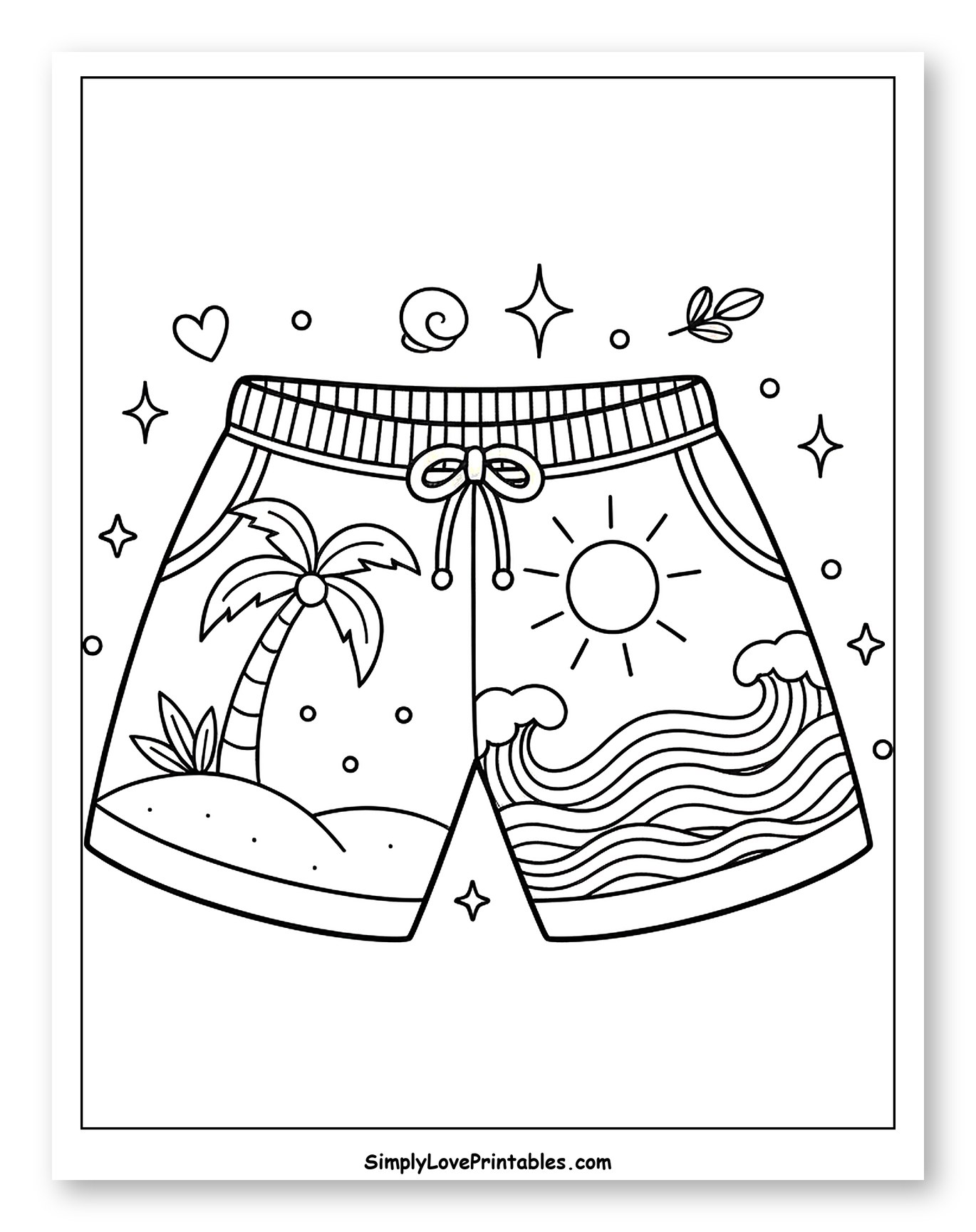 Tropical Island and Ocean Shorts Coloring Page for Adults