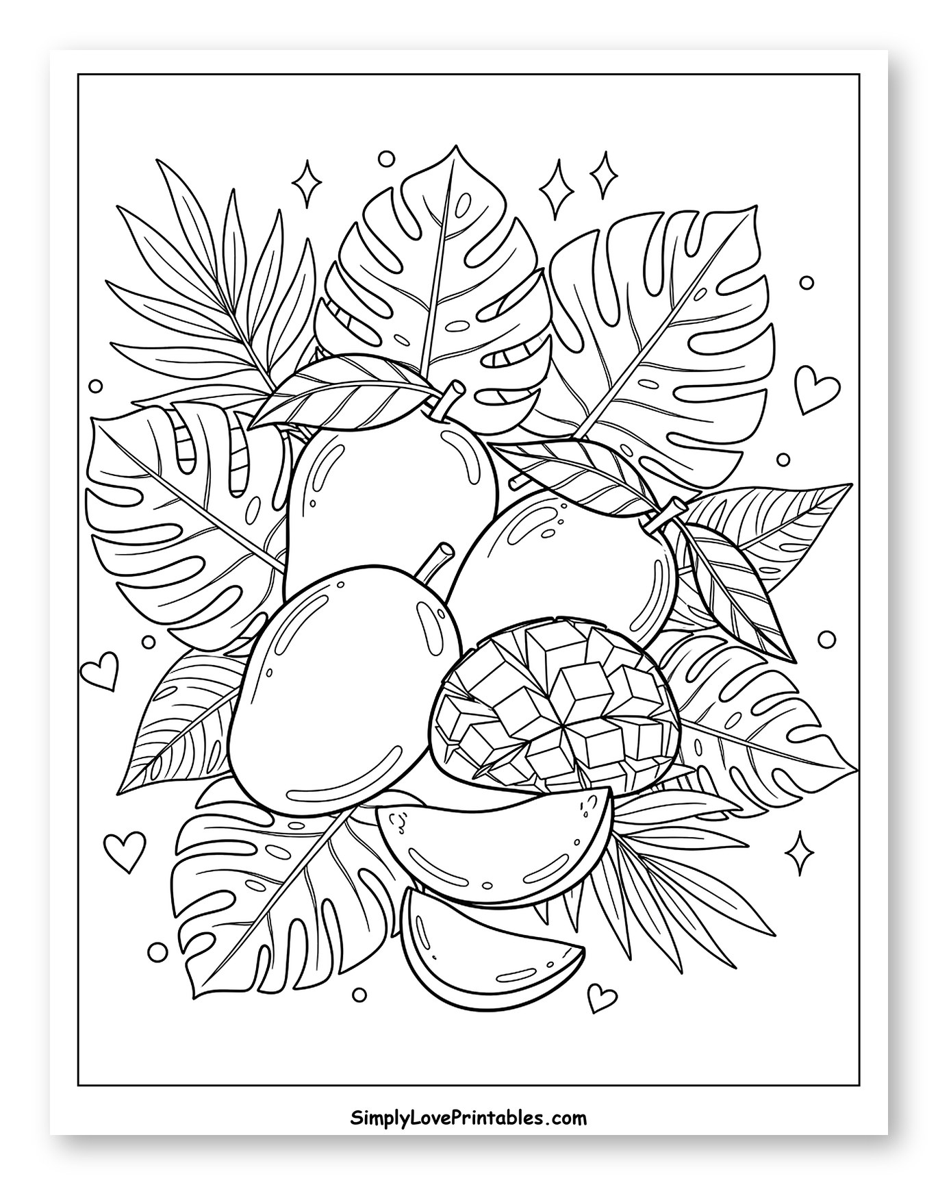 Tropical Mangoes with Monstera and Palm Leaves