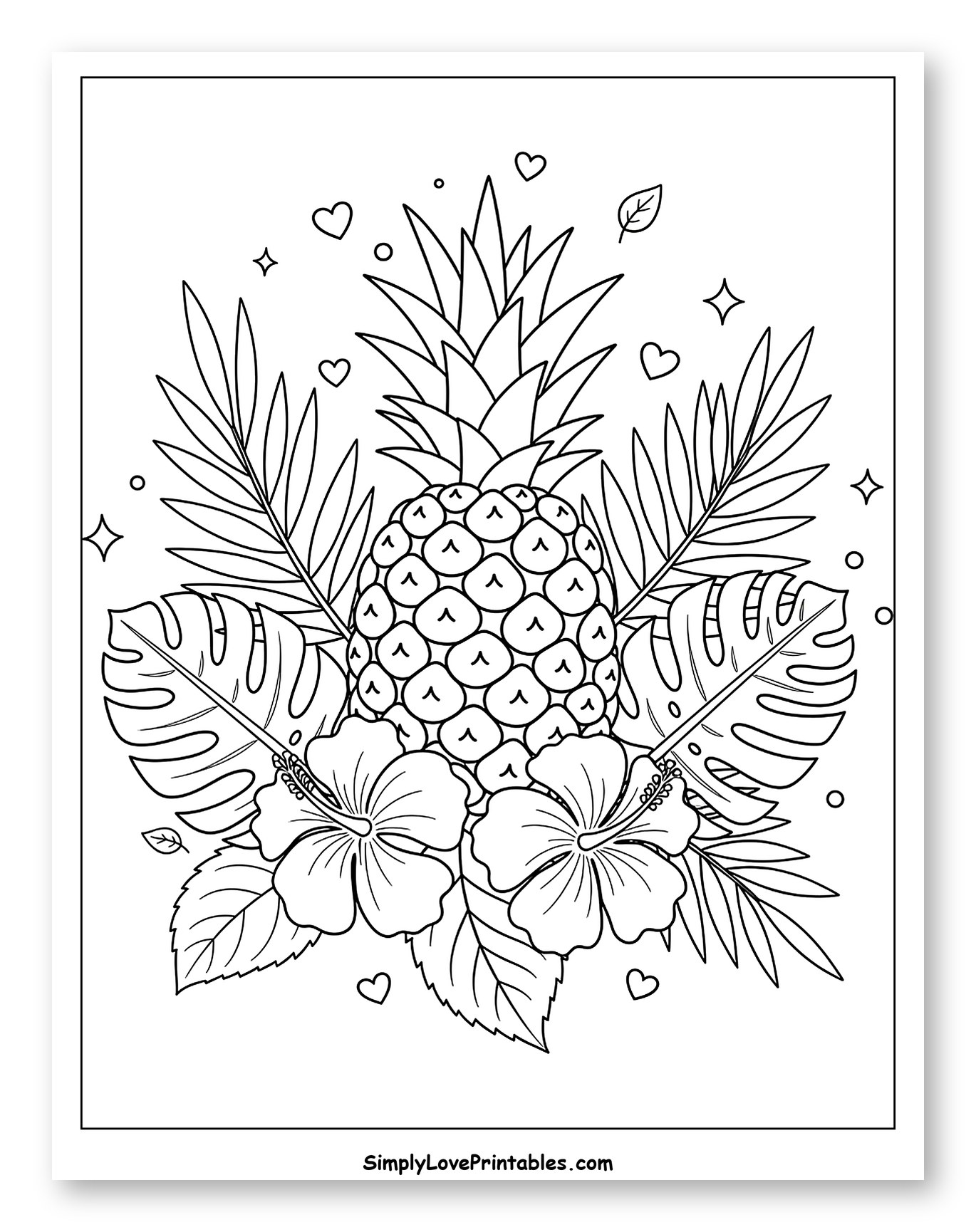 Tropical Pineapple with Hibiscus Flowers and Leaves Coloring Page for Adults