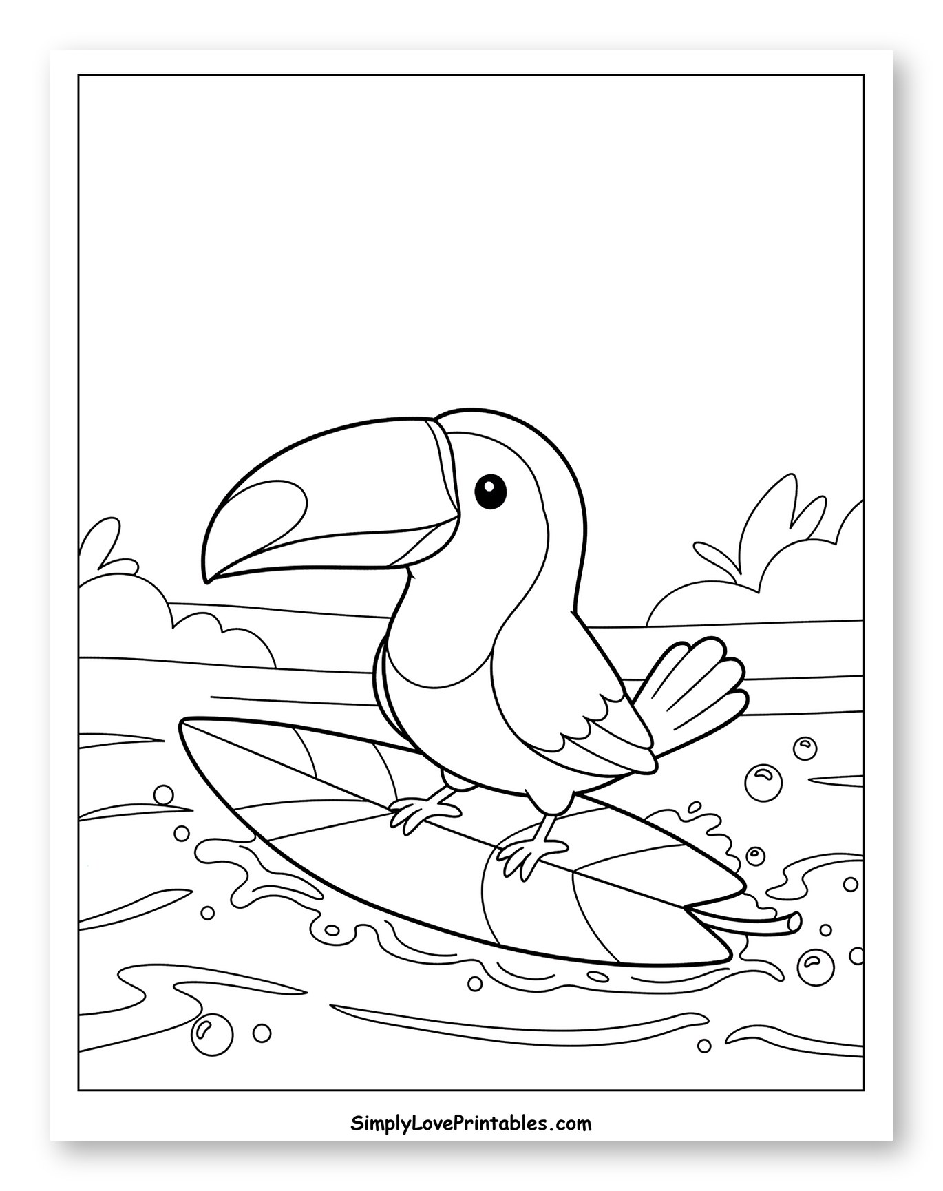 Tropical Toucan Riding a Leaf Surfboard Coloring Sheet for Kids