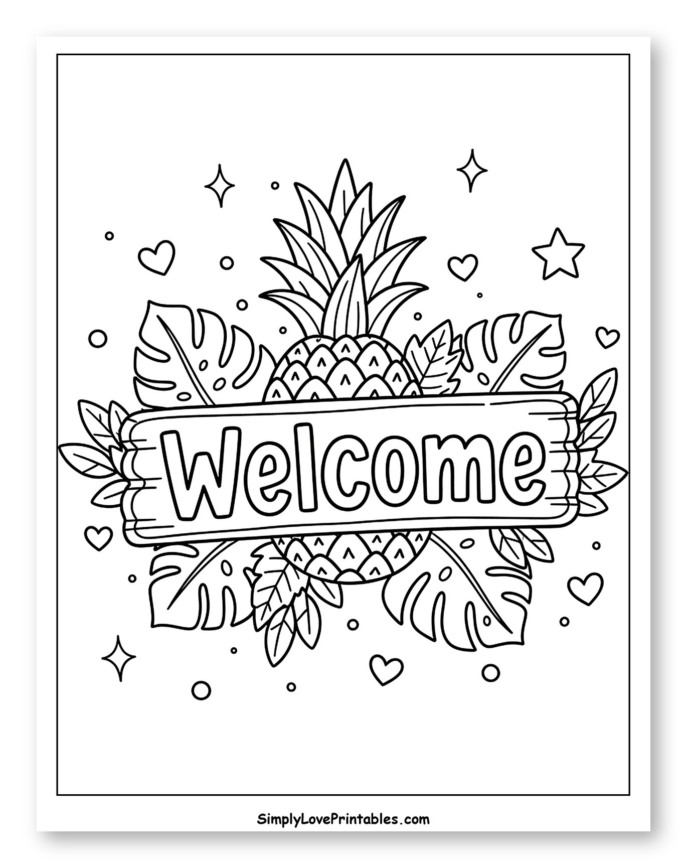 Tropical Welcome Sign with Pineapple and Leaves Coloring Page for Adults