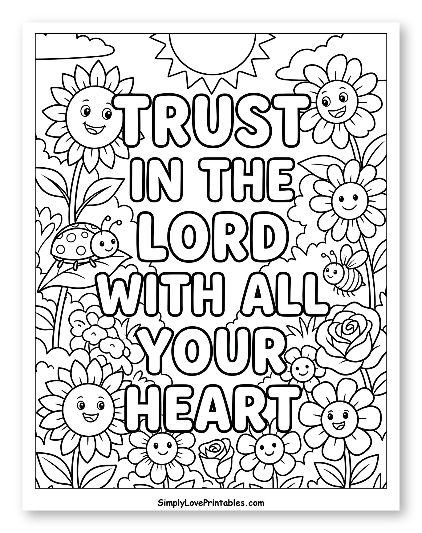 Trust in the Lord Bible Verse Garden Scene Coloring Sheet for Kids