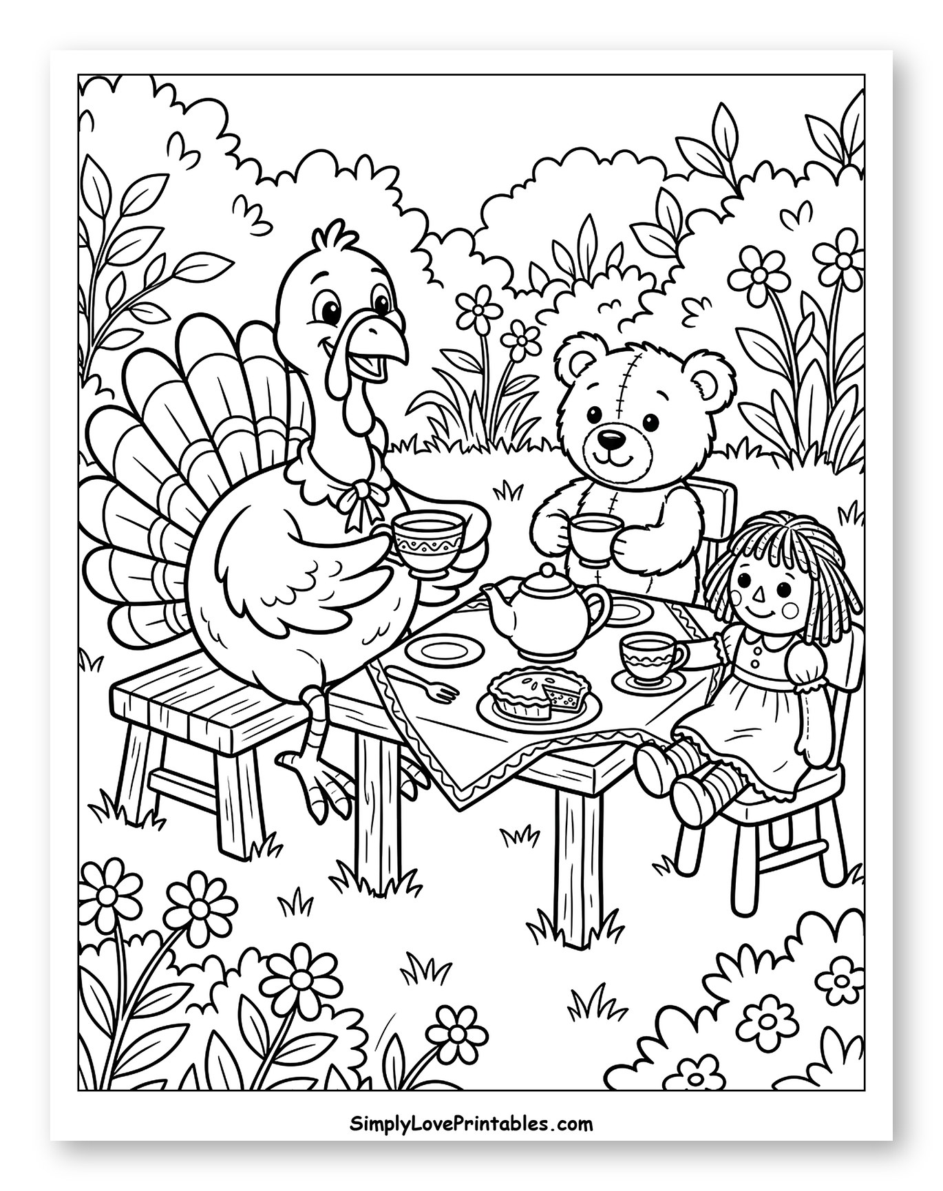 Turkey, Bear, and Doll Having Tea Coloring Sheet for Kids