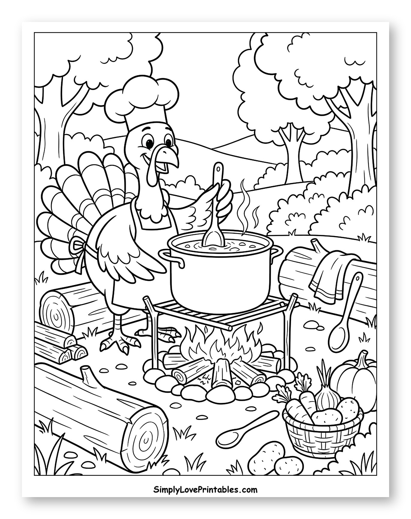 Turkey Chef Cooking Over Campfire Outdoors Coloring Sheet for Kids