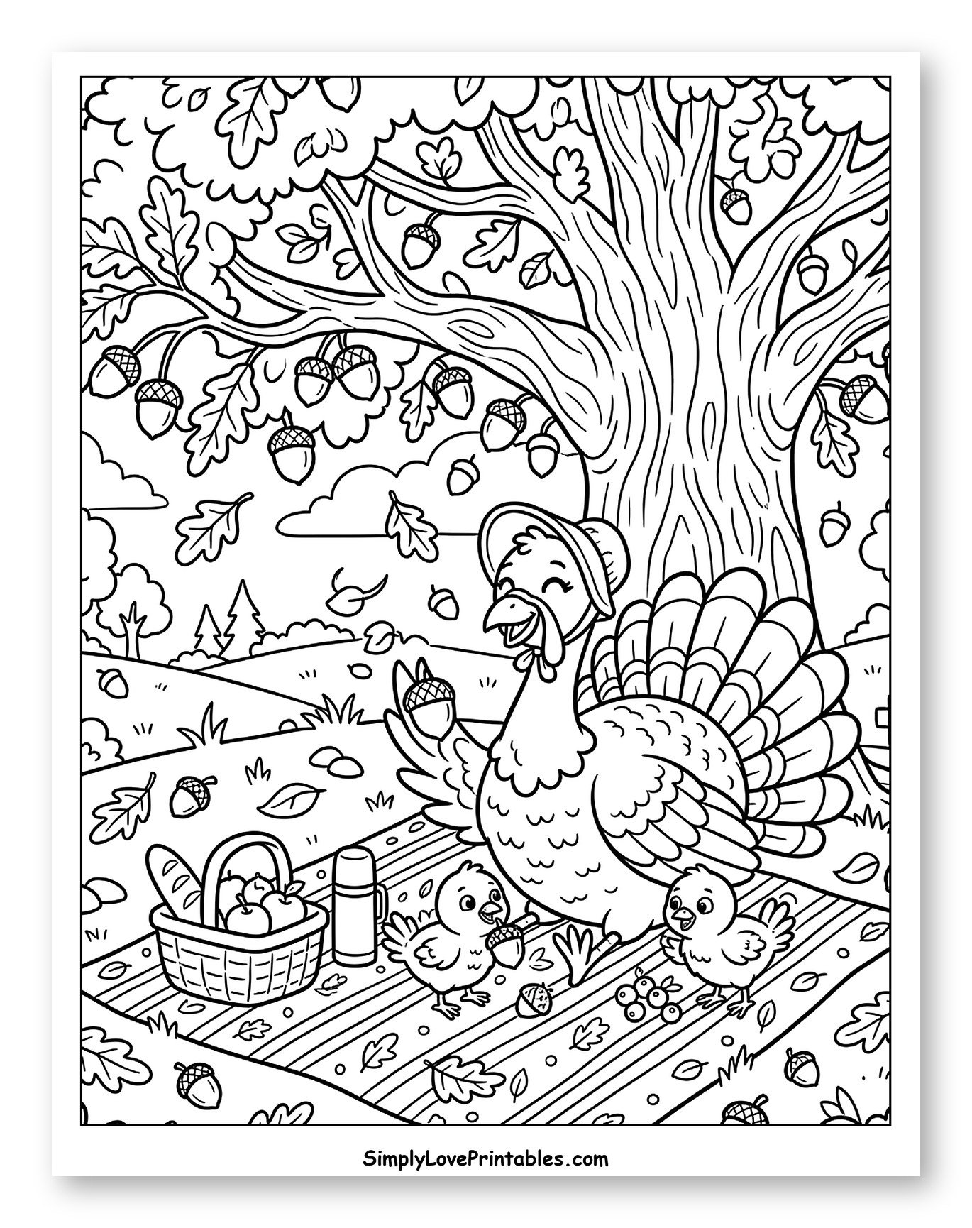 Turkey Family Picnic Under Acorn Tree