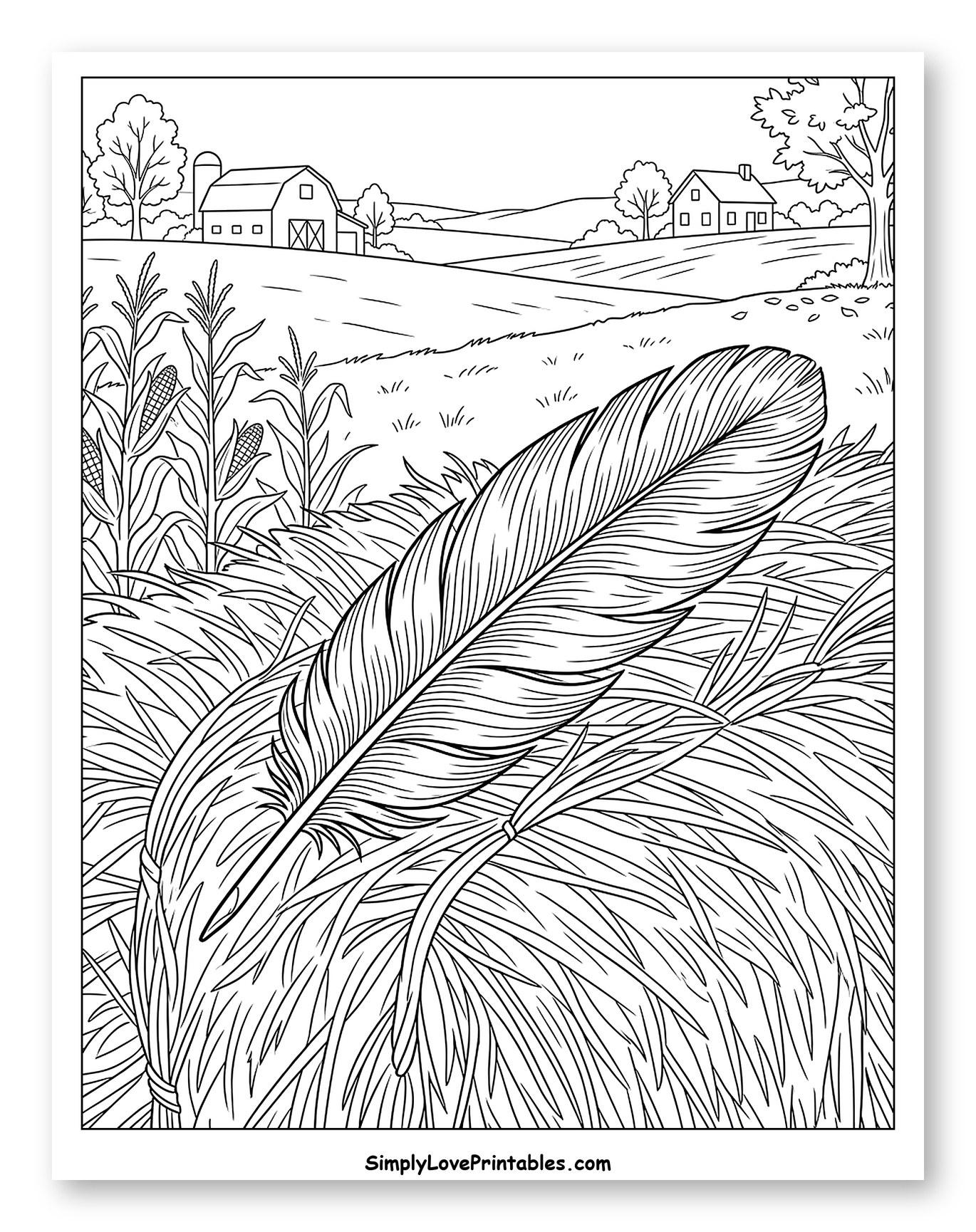 Turkey Feather on Hay in a Farm Scene Coloring Sheet