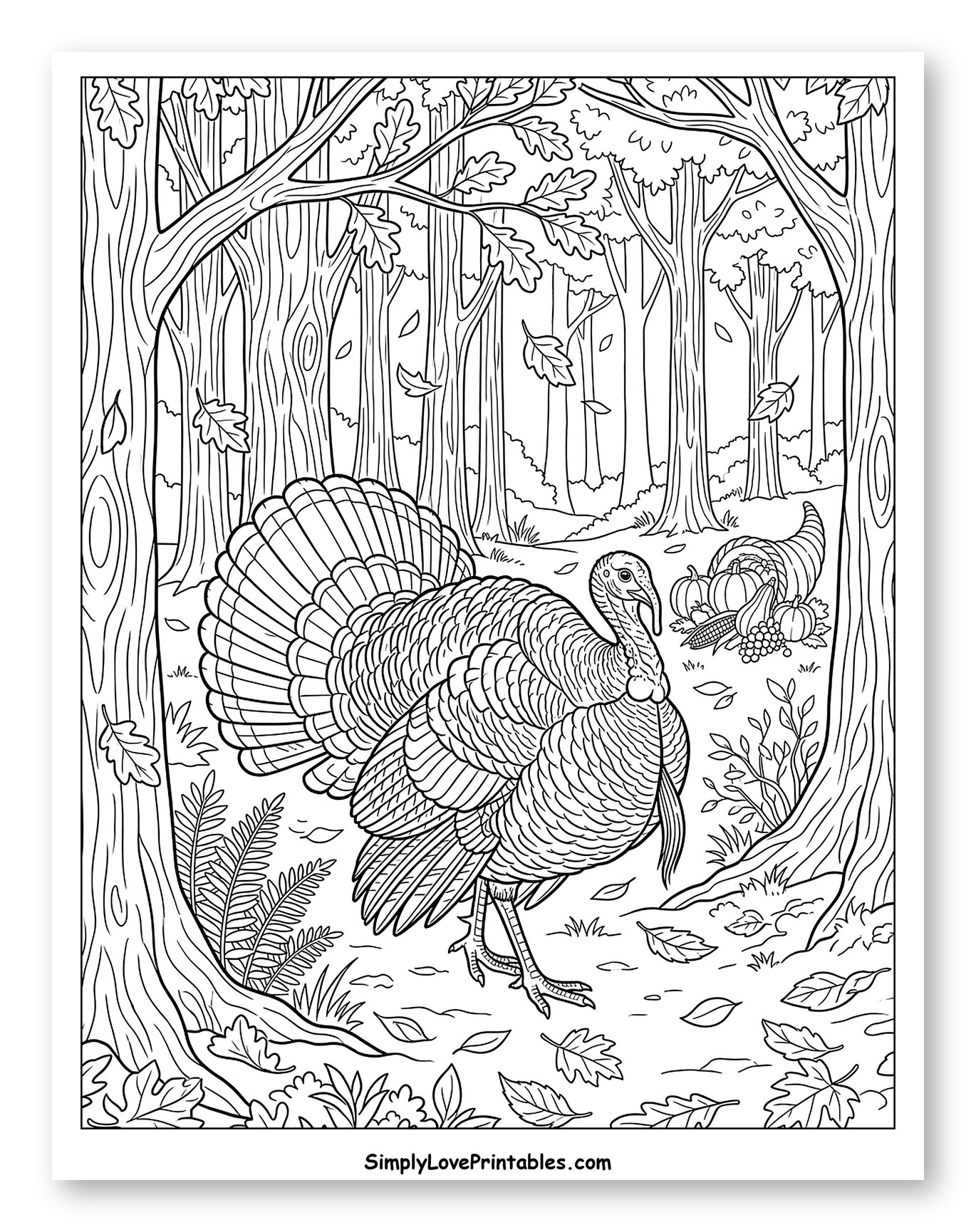Turkey in a Forest with Cornucopia Coloring Page