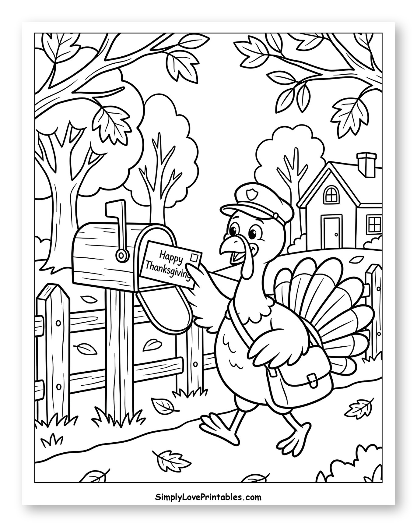 Turkey Postman Delivering Thanksgiving Card Coloring Sheet for Kids