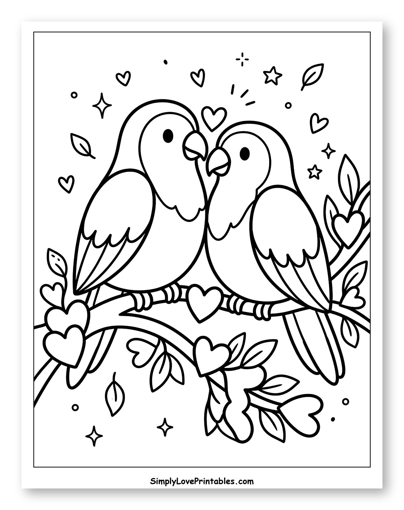 Two Adorable Lovebirds on a Branch with Hearts