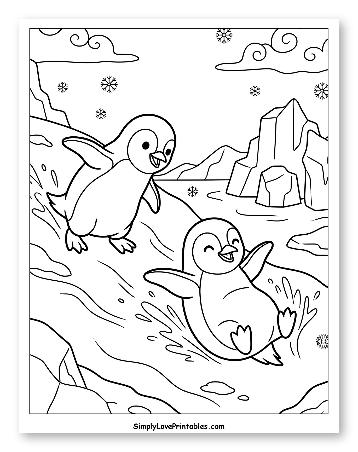 Two Baby Penguins Sliding Down an Icy Hill Coloring Page for Kids