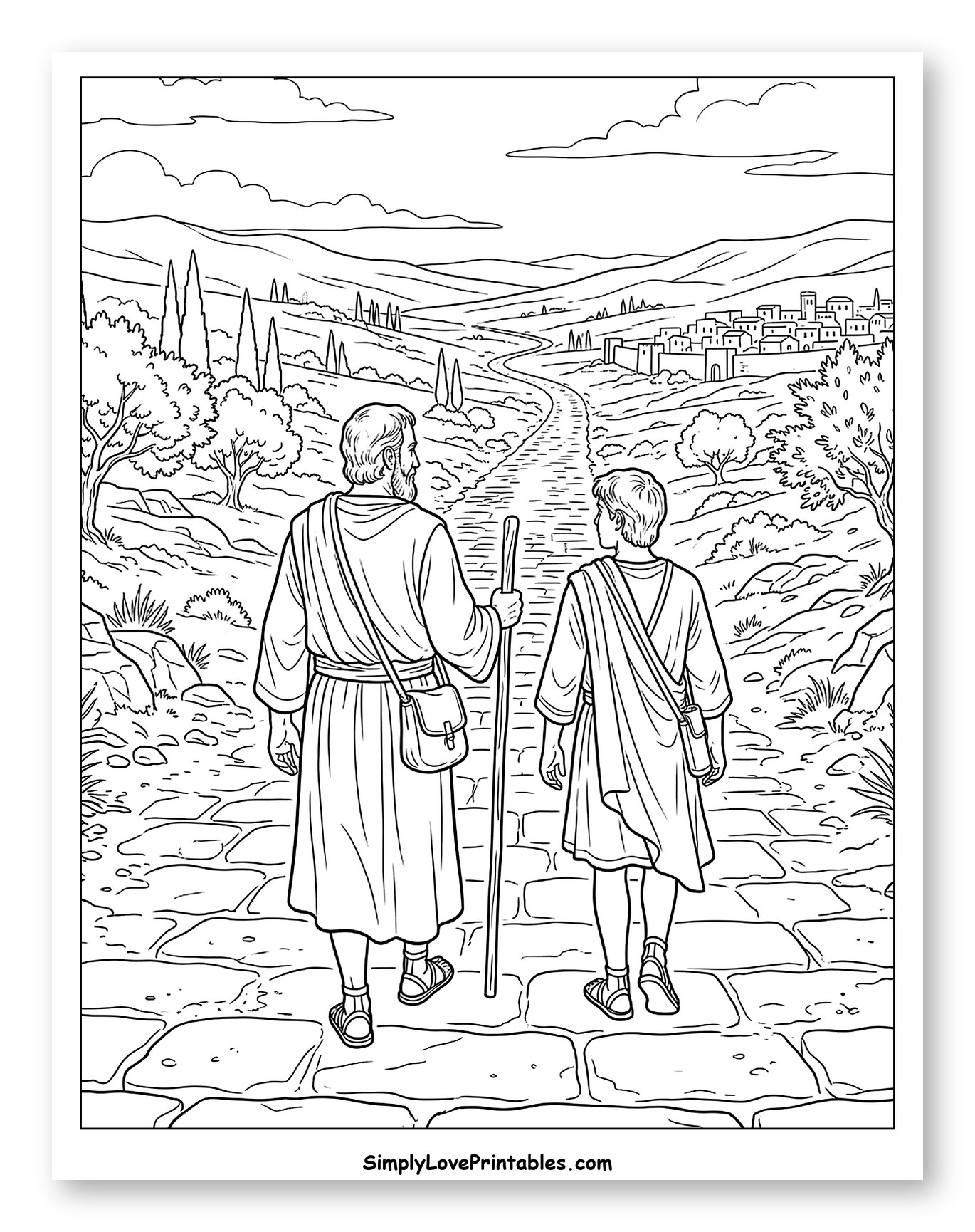 Two Biblical Figures Journeying to a City to Color