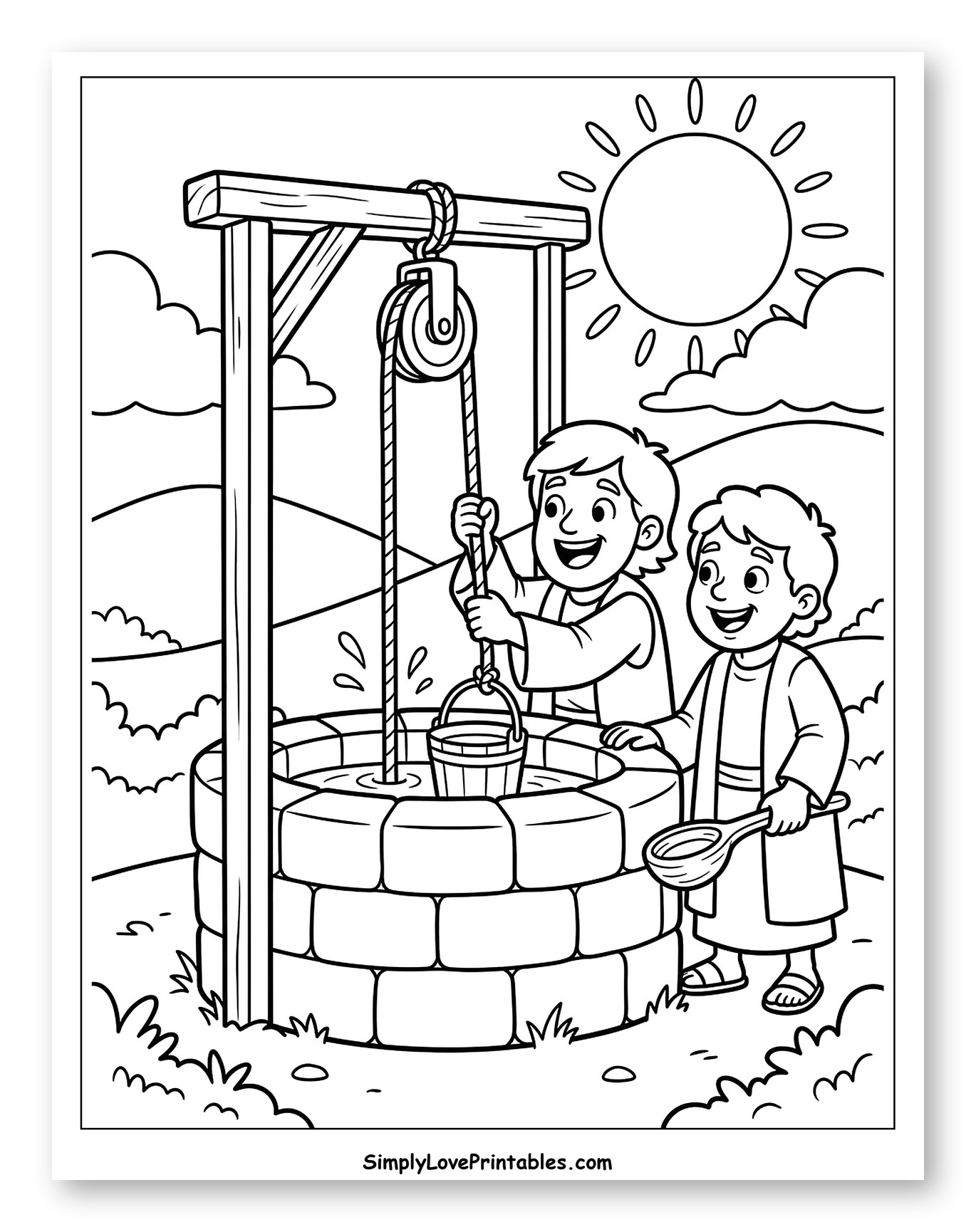 Two Boys Drawing Water from a Well to Color for Kids