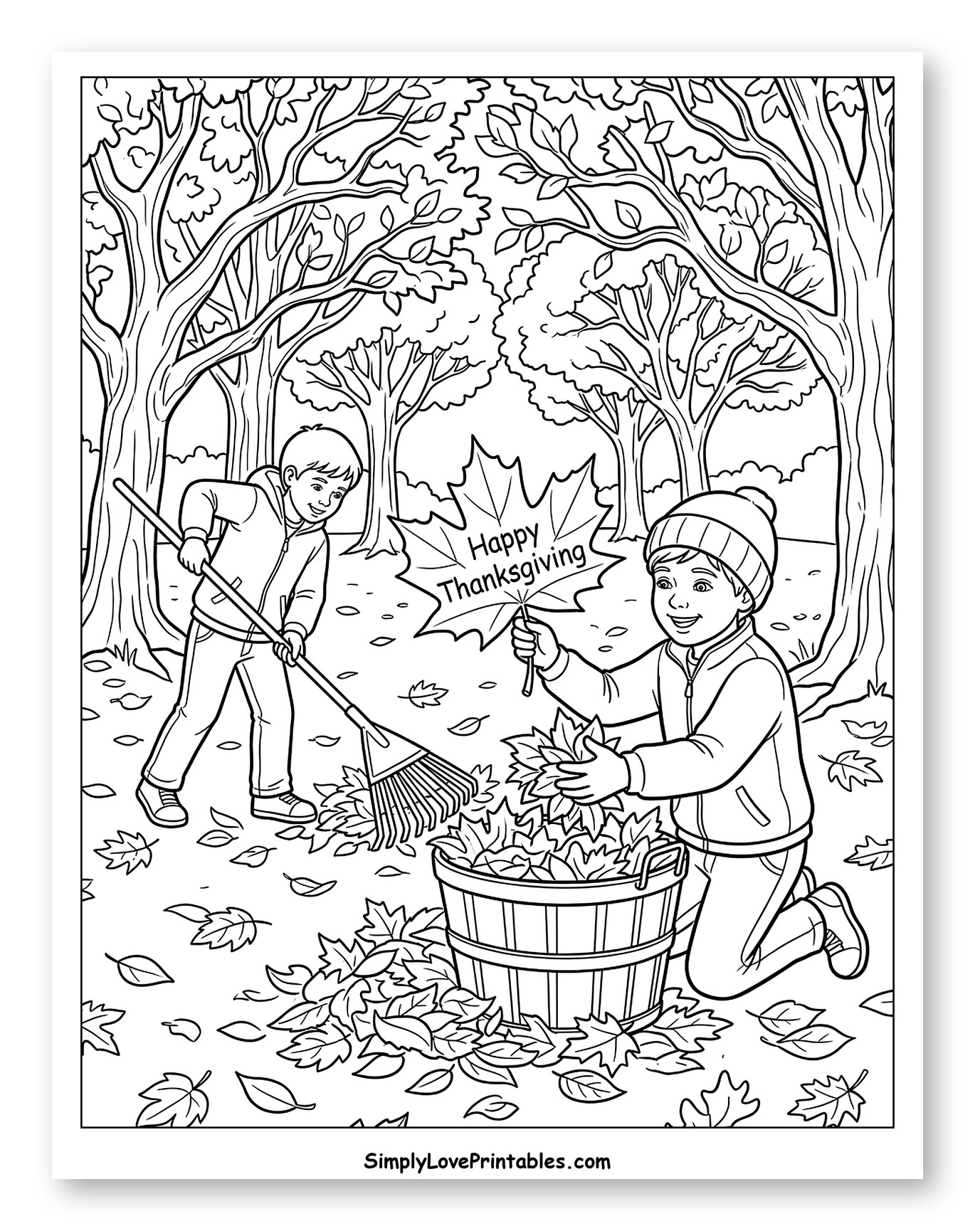 Two Boys Raking Autumn Leaves for Thanksgiving