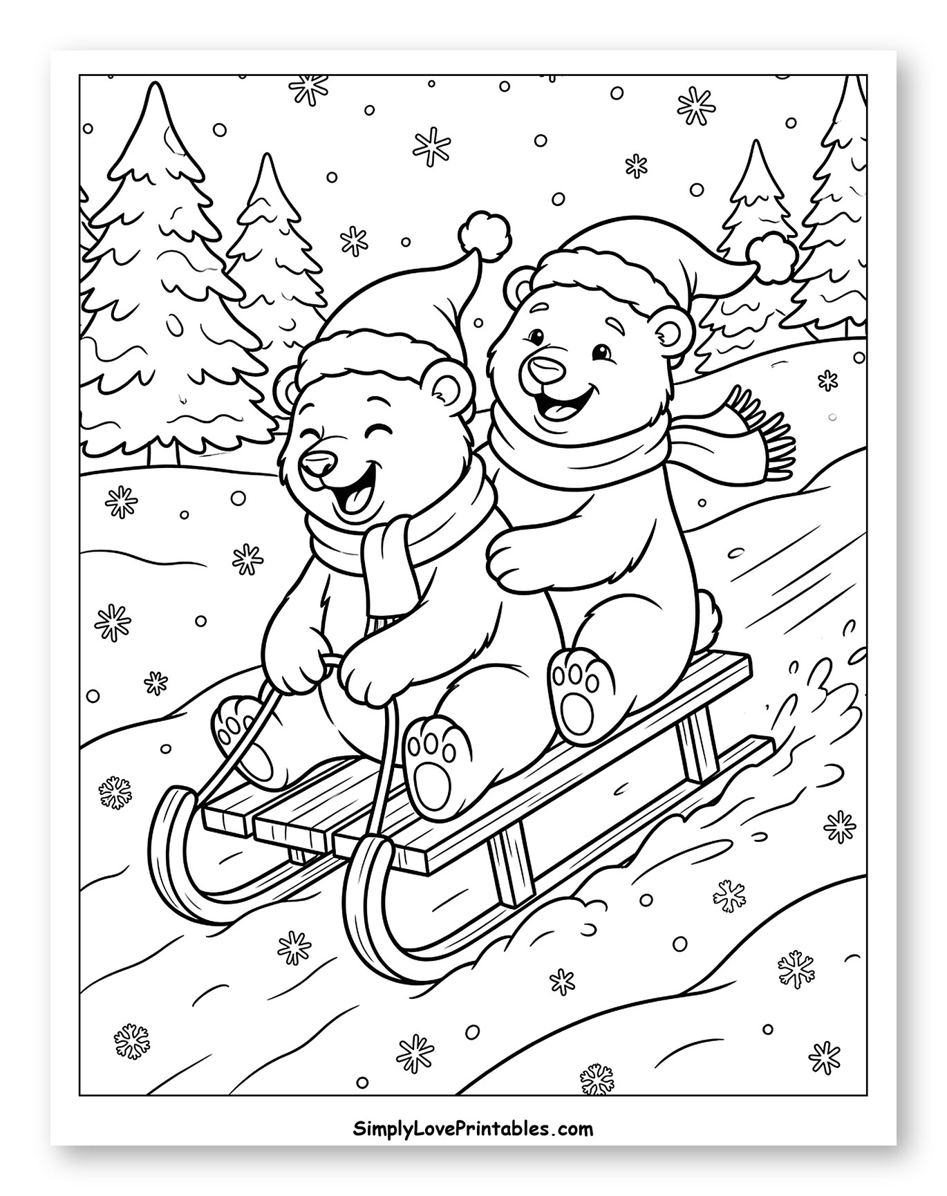 Two Cheerful Polar Bears Sledding Downhill