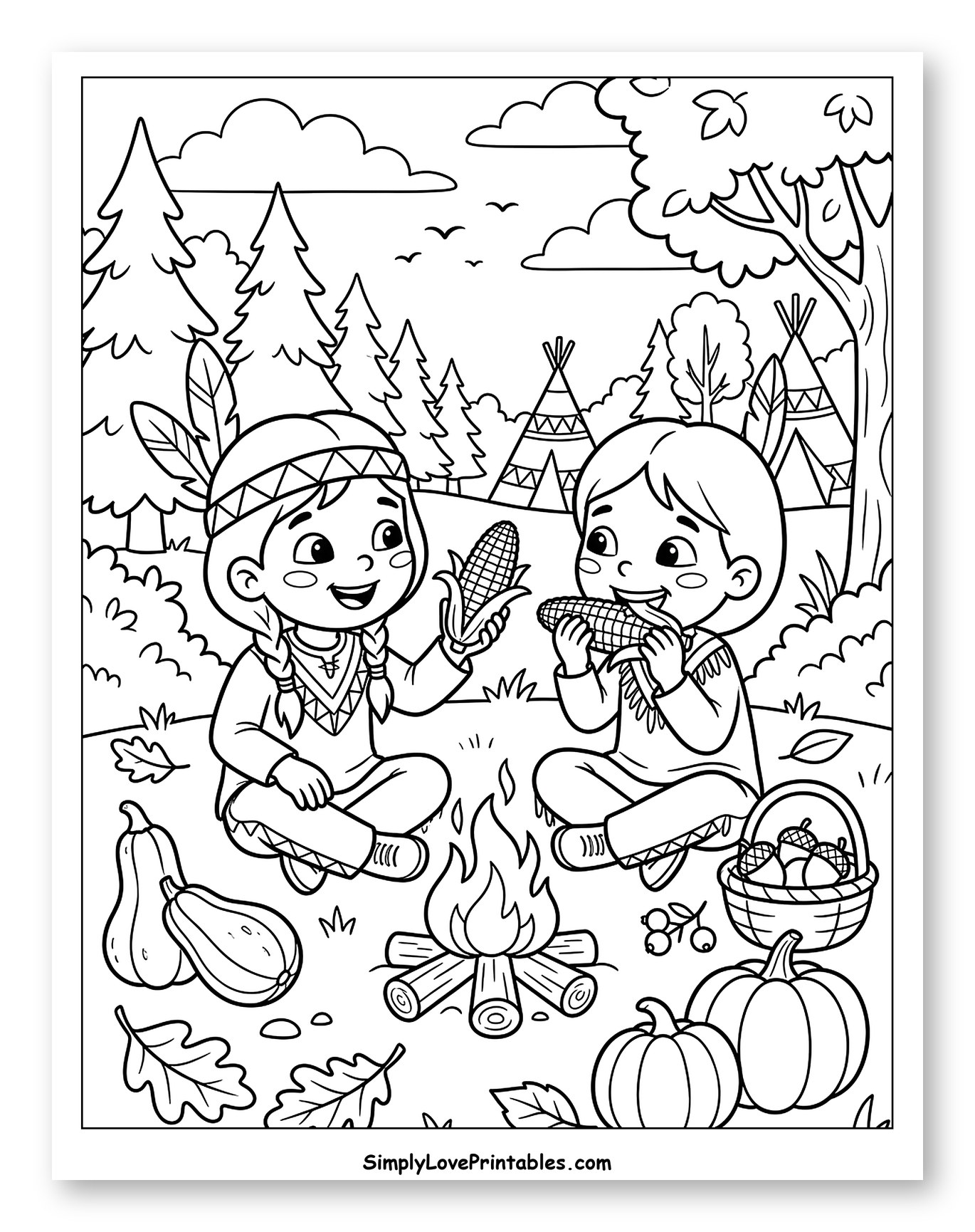 Two Children Eating Corn Around a Campfire Coloring Page for Kids