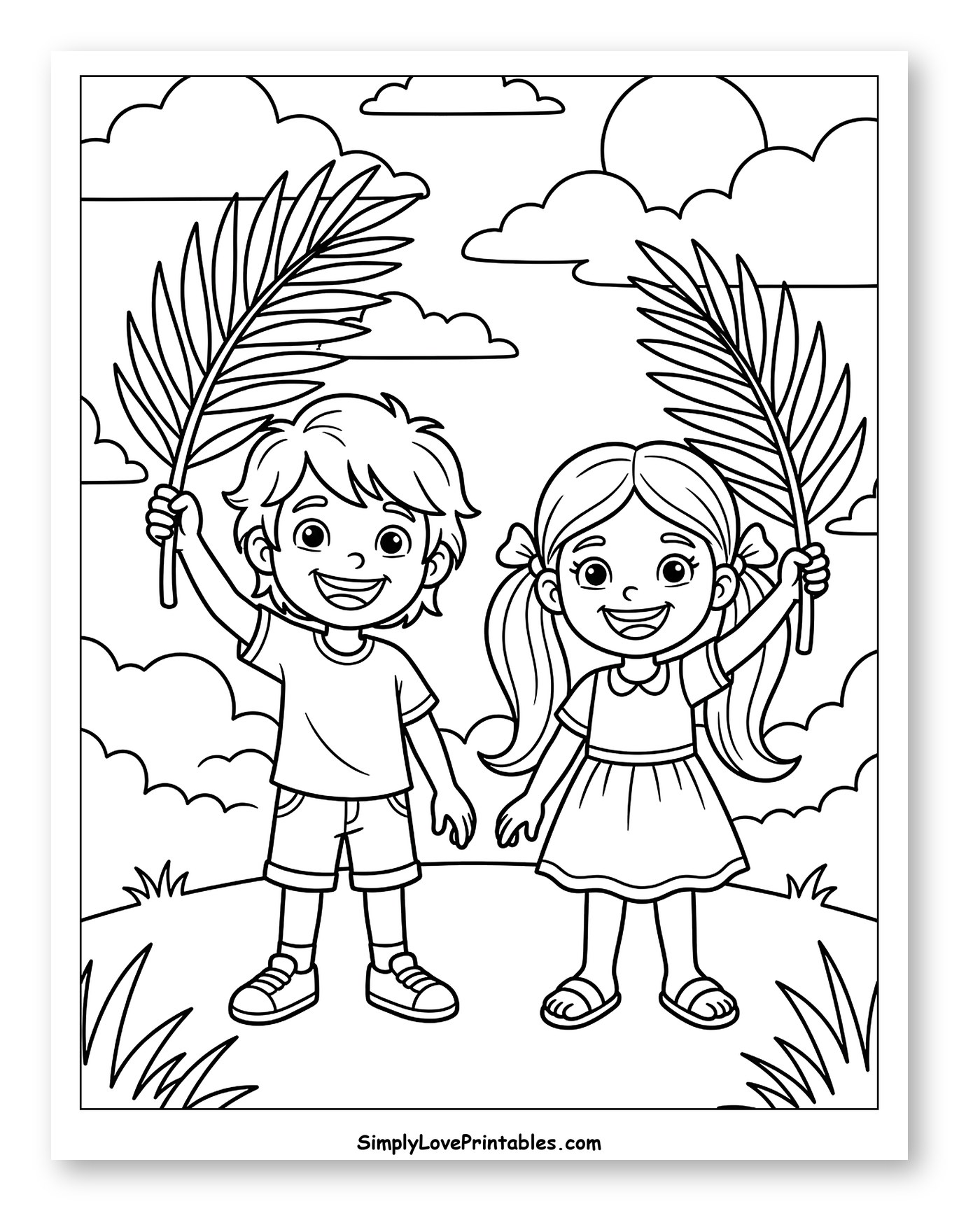 Two Children Holding Palm Branches Coloring Sheet for Kids