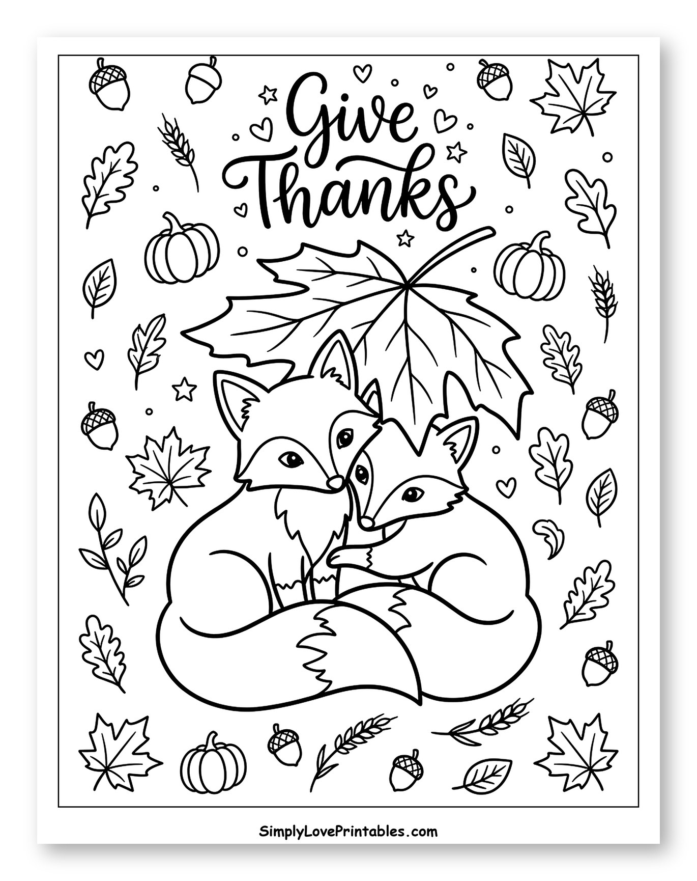 Two Cute Autumn Foxes Cuddling Under a Leaf Coloring Page for Adults
