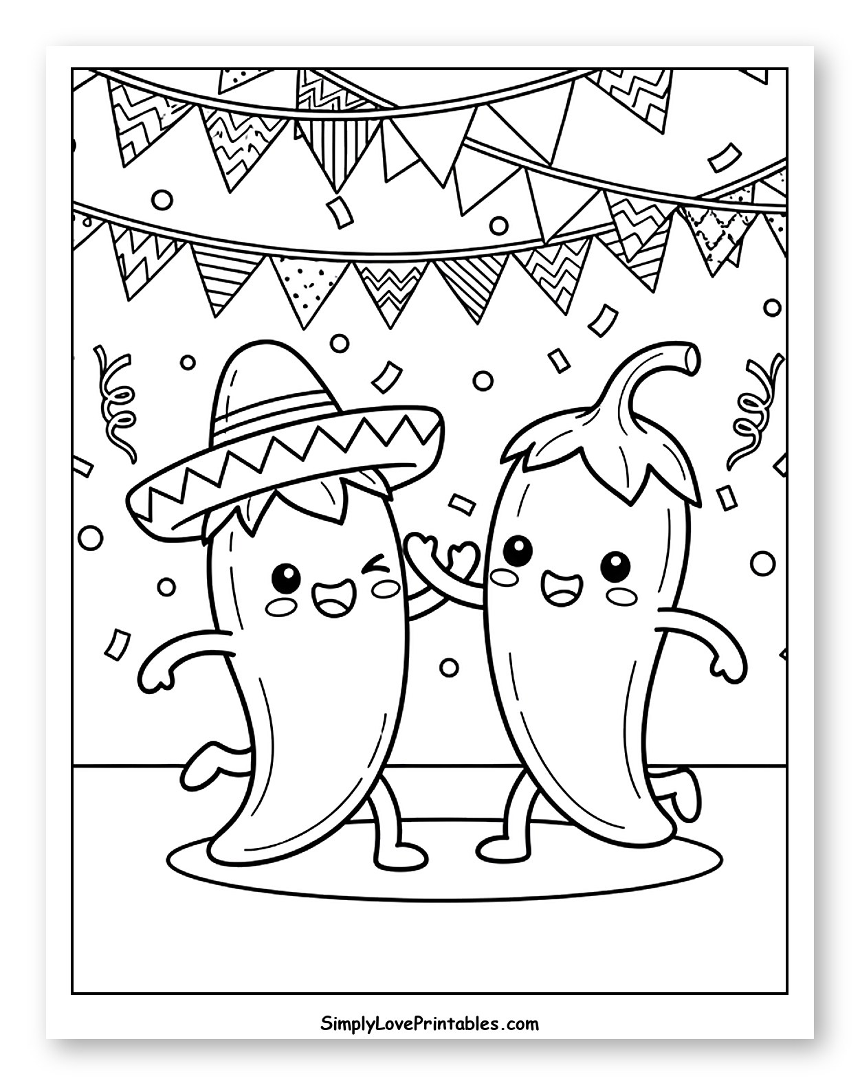 Two Cute Peppers Dancing with Sombrero and Banners Coloring Sheet for Kids