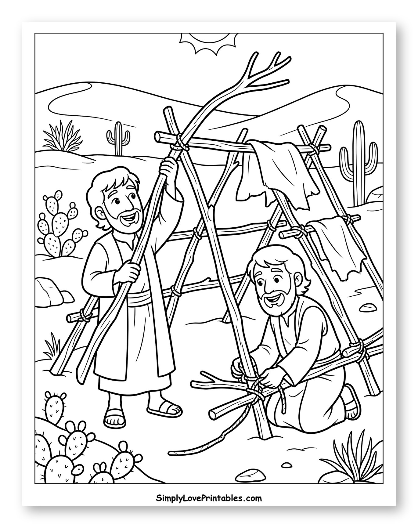 Two Disciples Building a Desert Shelter Coloring Page for Kids