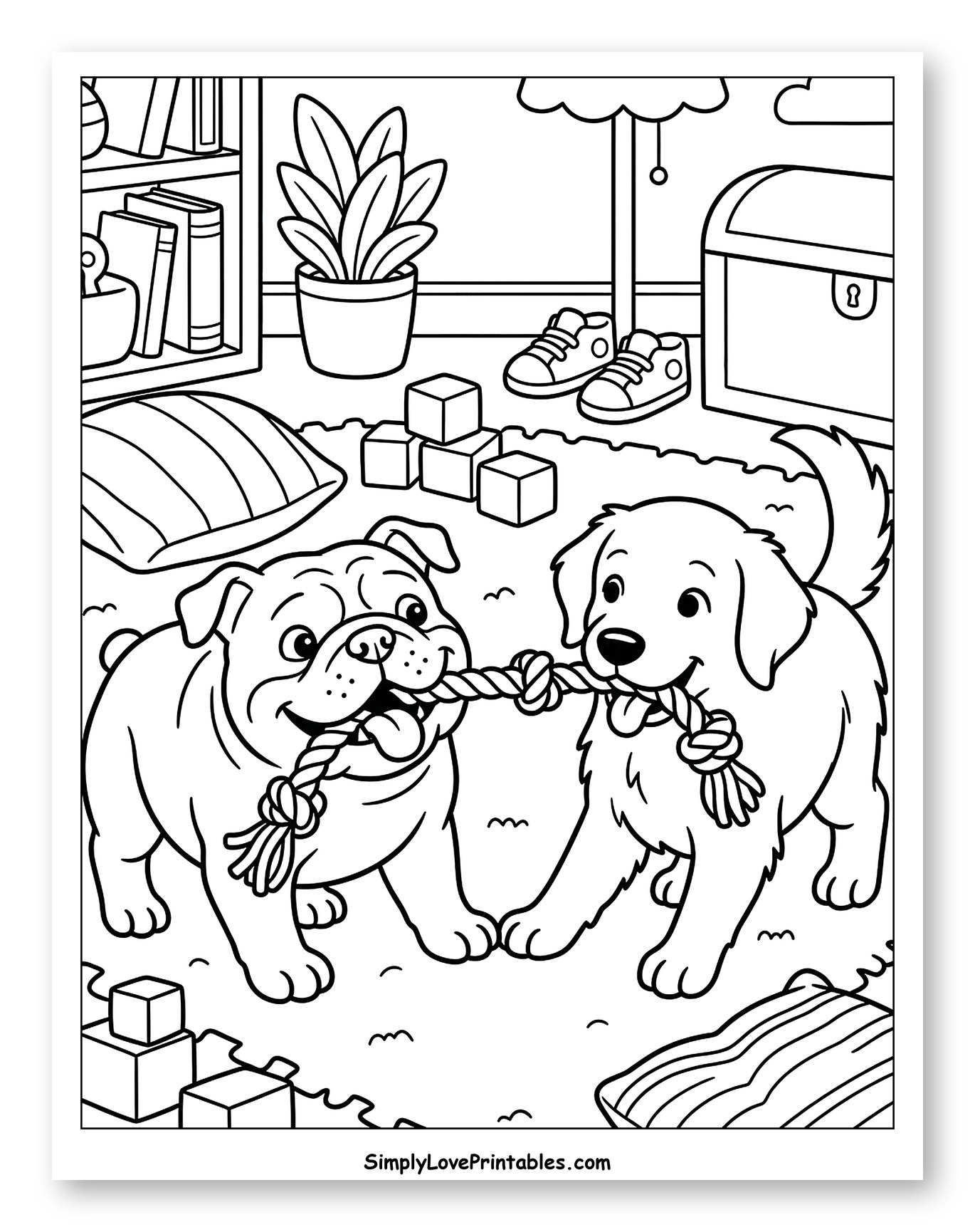 Two Dogs Playing Tug-of-War Indoors