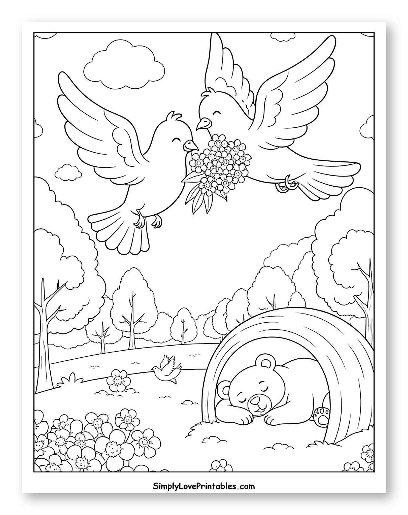 Two Doves Flying with Flowers, Bear Sleeping