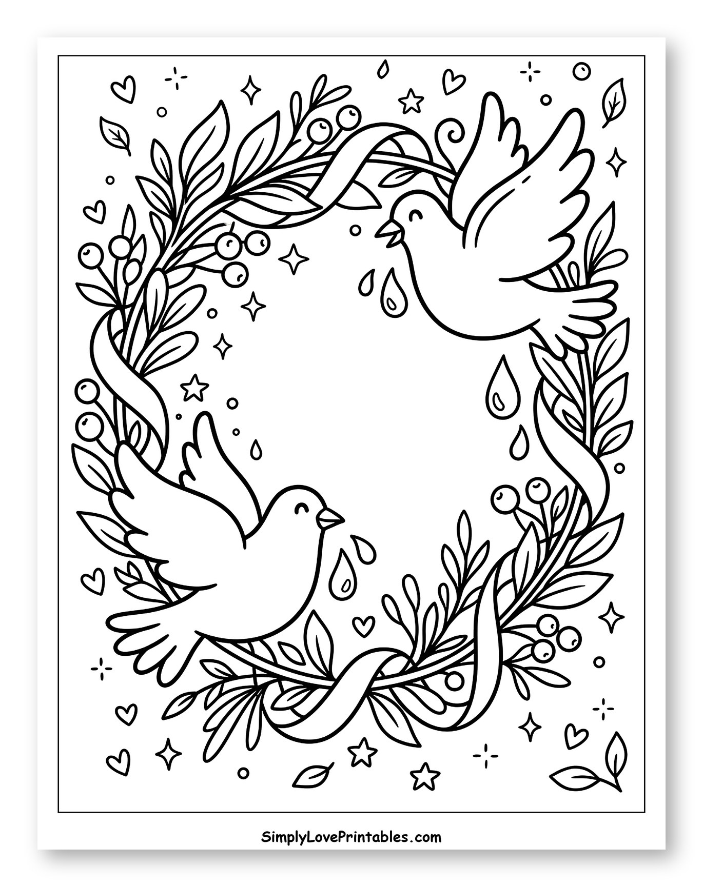 Two Doves with Berries and Leaf Wreath Coloring Page for Adults