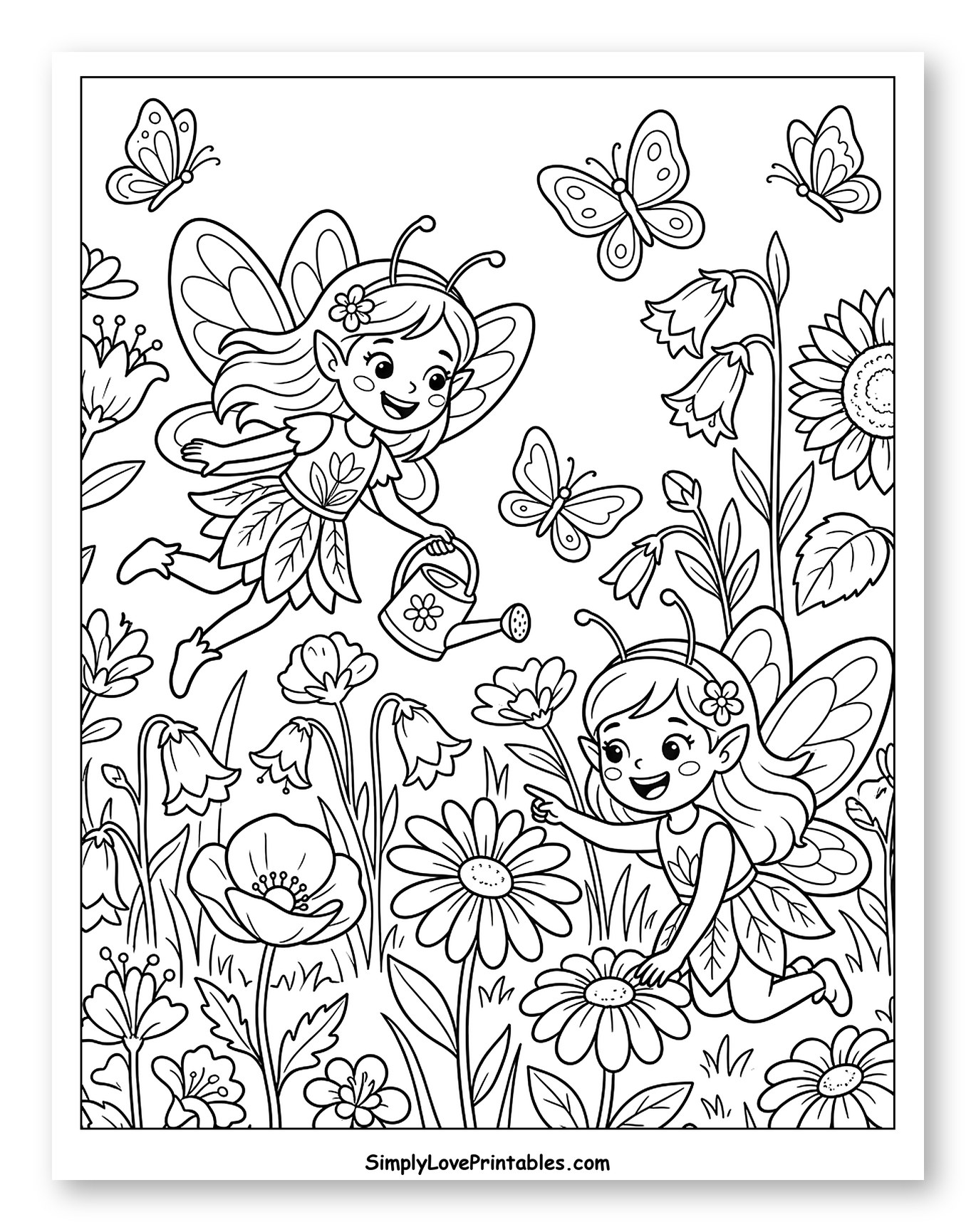 Two Fairies and Butterflies in a Flower Garden