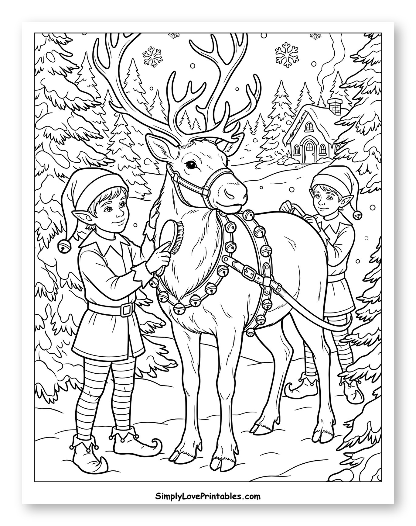 Two Festive Elves Grooming a Reindeer