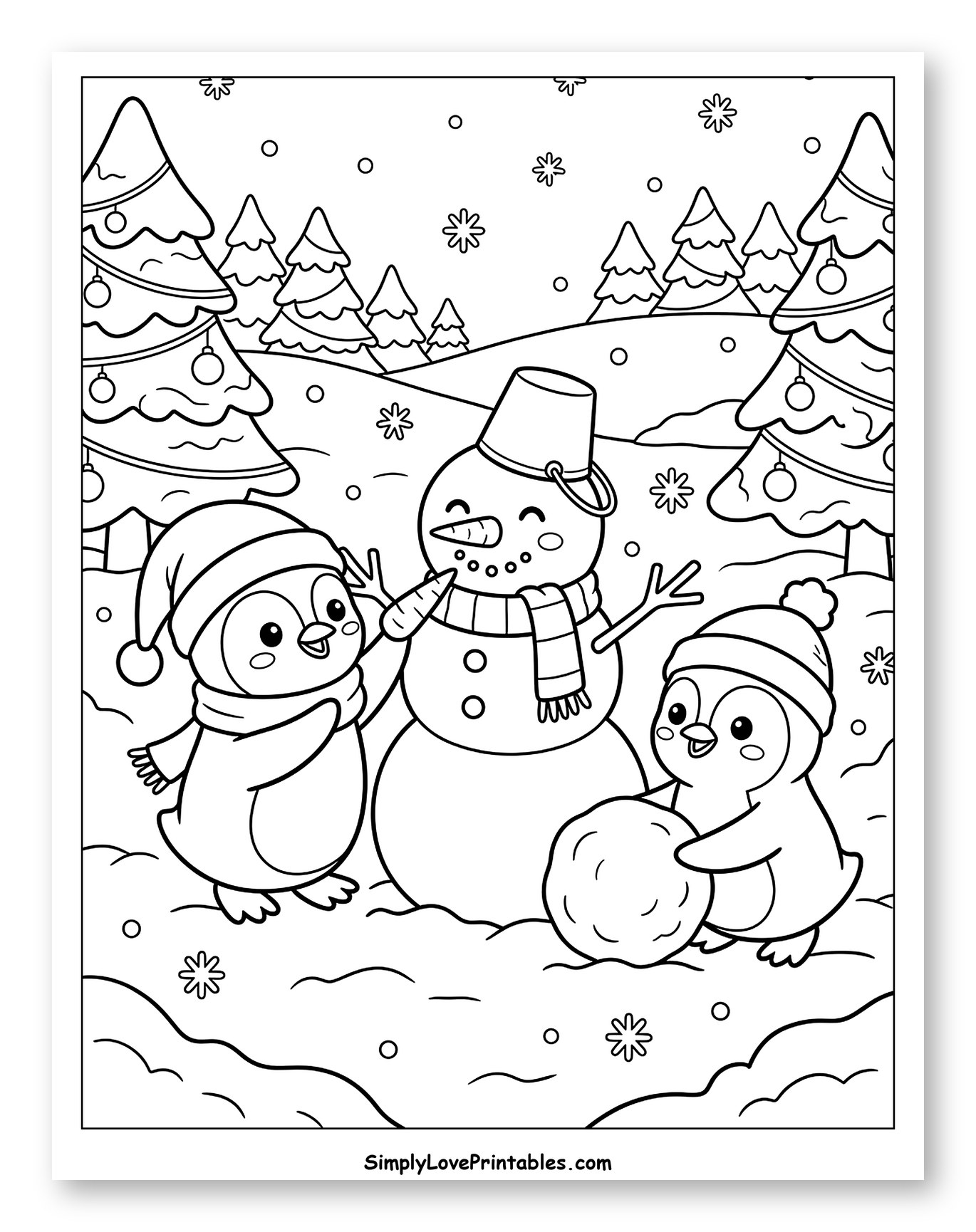 Two Festive Penguins Building a Snowman