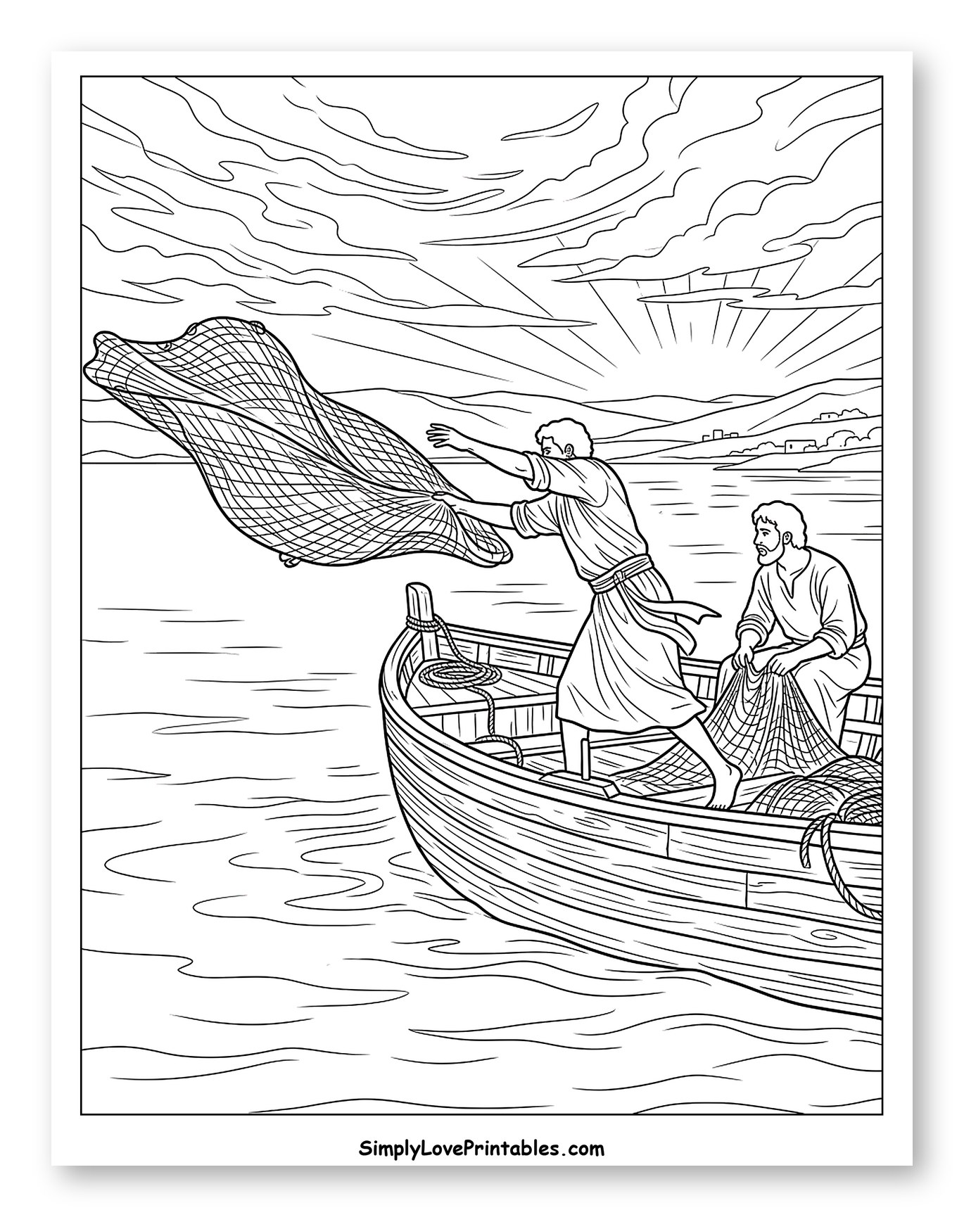 Two Fishermen Casting Nets from Boat to Color