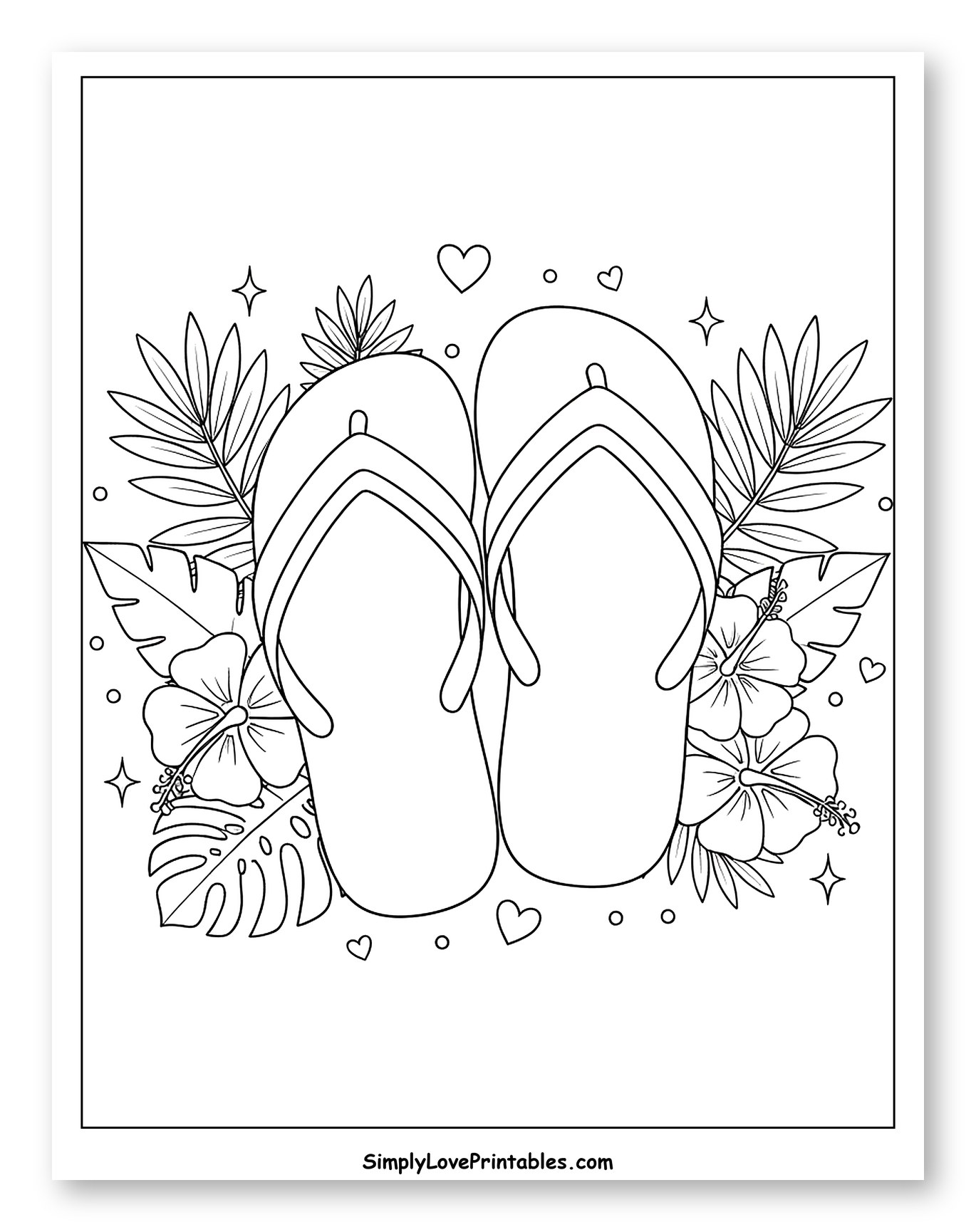 Two Flip Flops with Tropical Flowers and Leaves Coloring Page for Adults