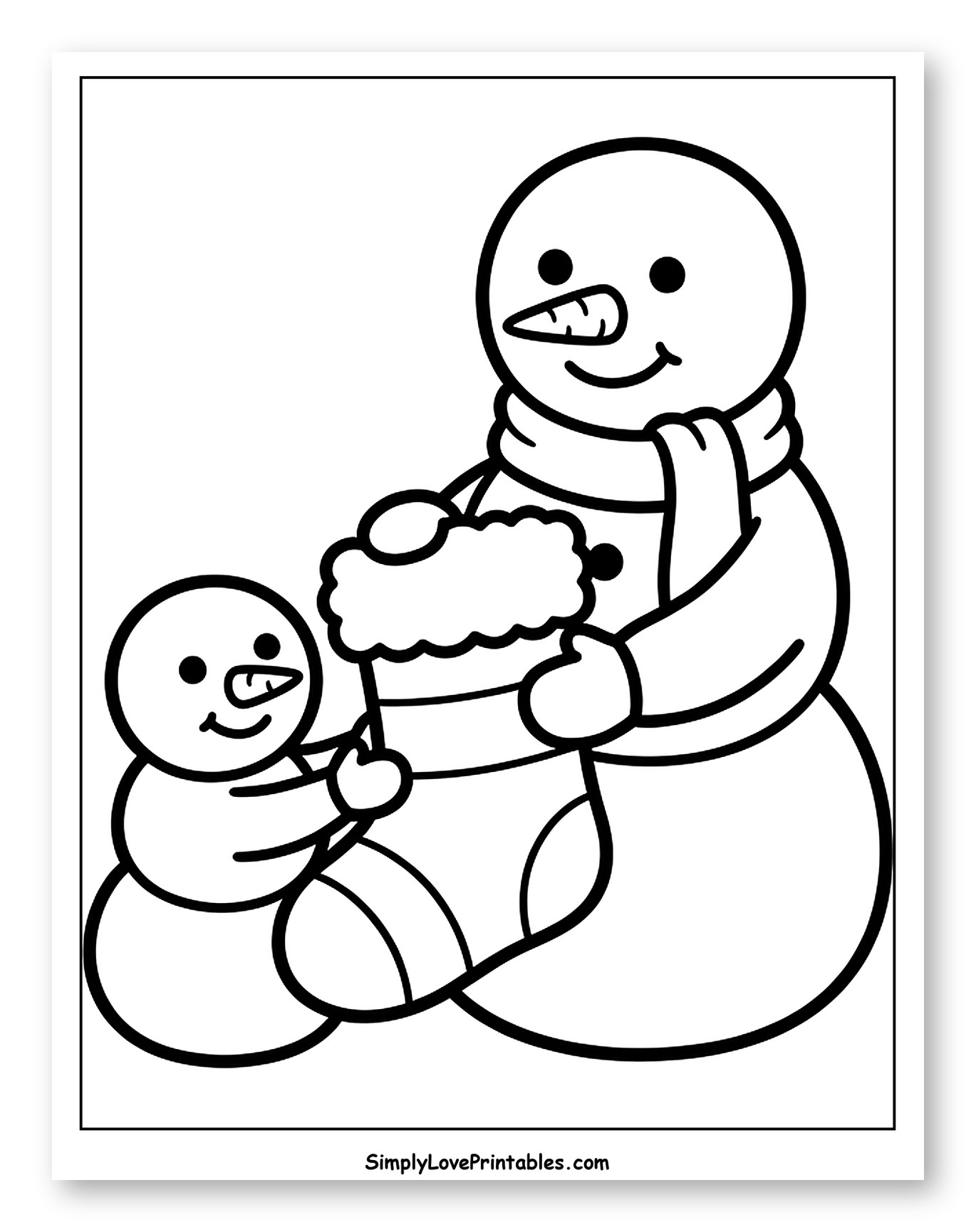Two Friendly Snowmen Sharing a Festive Stocking Coloring Page for Toddlers