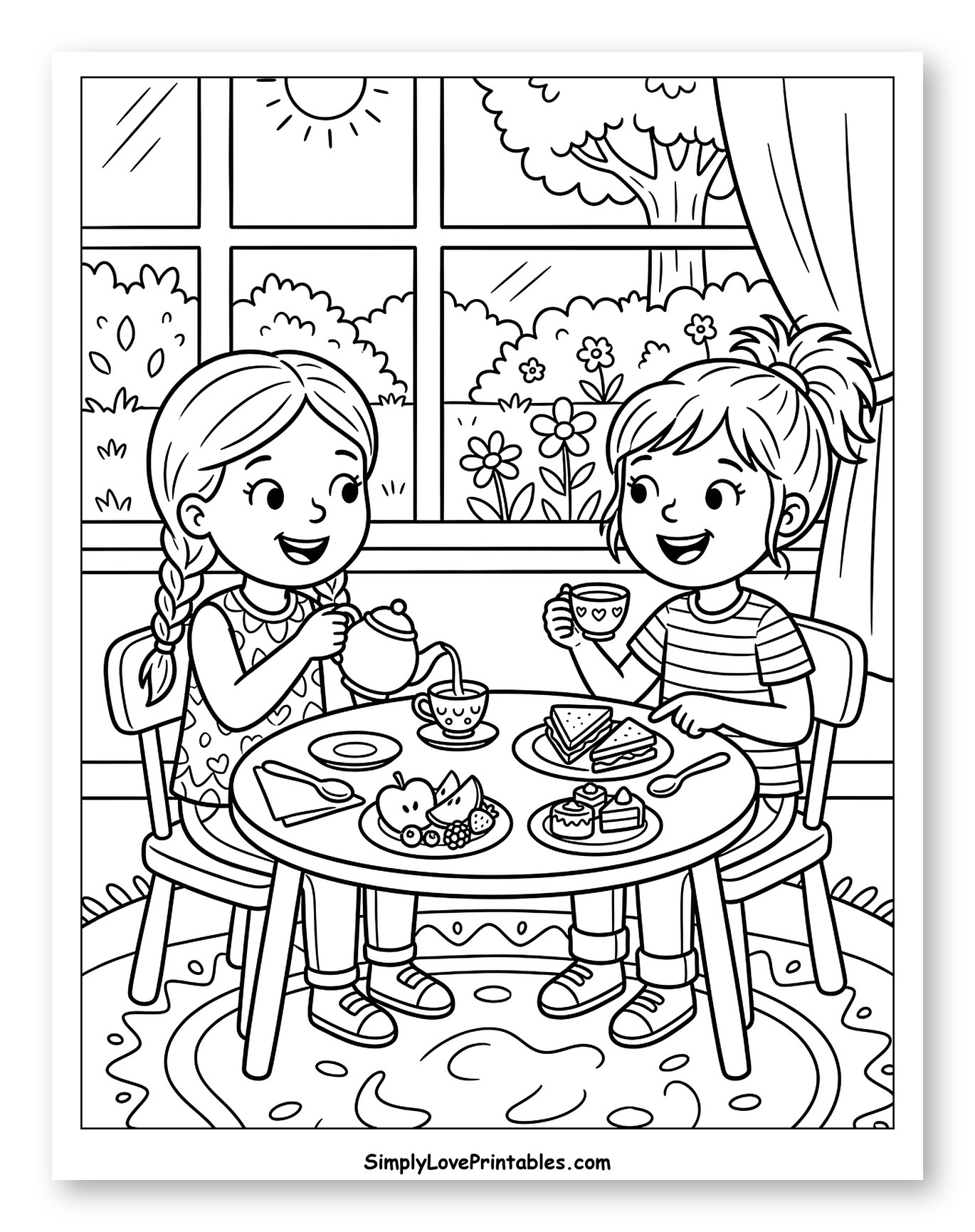 Two Girls Having a Tea Party to Color for Kids