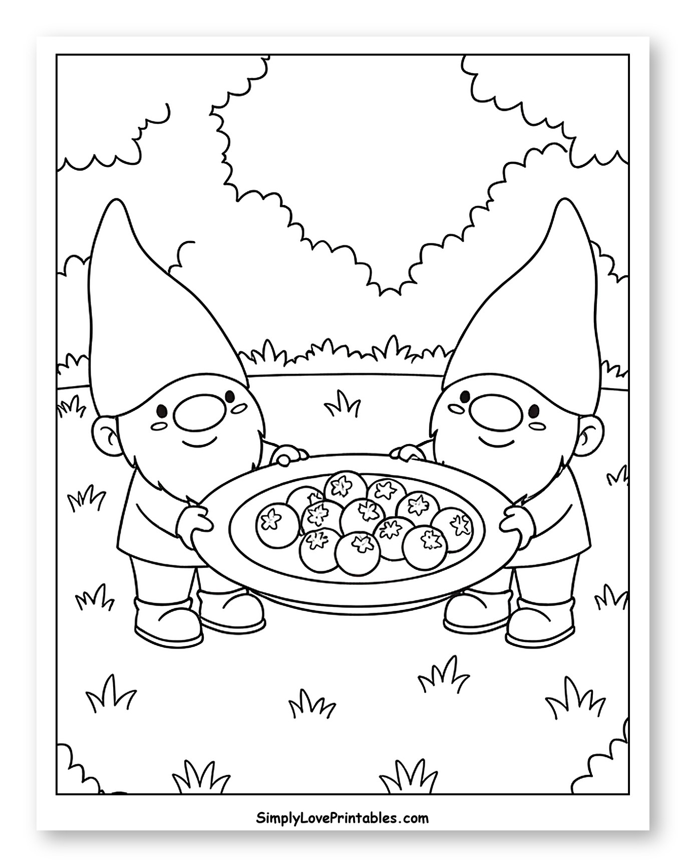 Two Gnomes Holding a Plate of Blueberries to Color for Kids